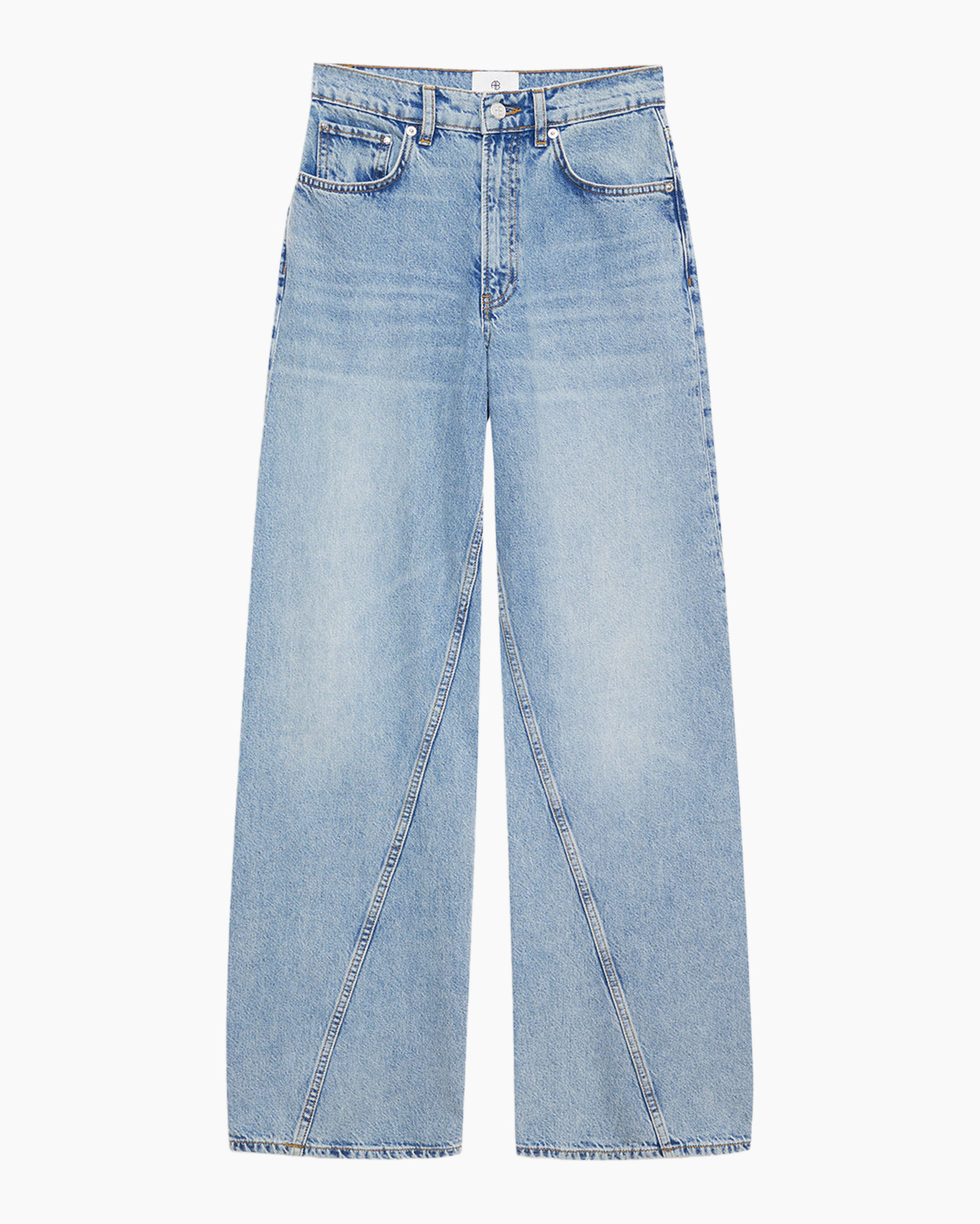 denim spijkerbroek, wijdere pijp, lichte wassing, vijf zakken, bandel lussen