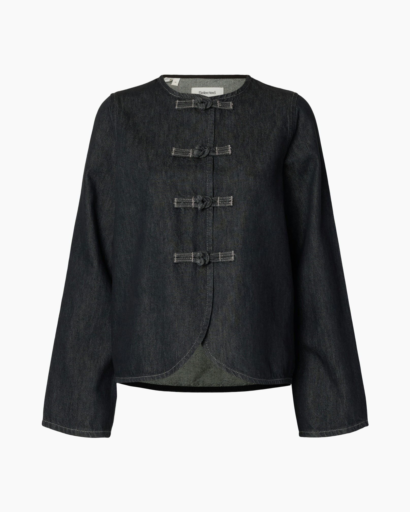denim, jasje, donker wash, korte lengte, sluitingen met toggles