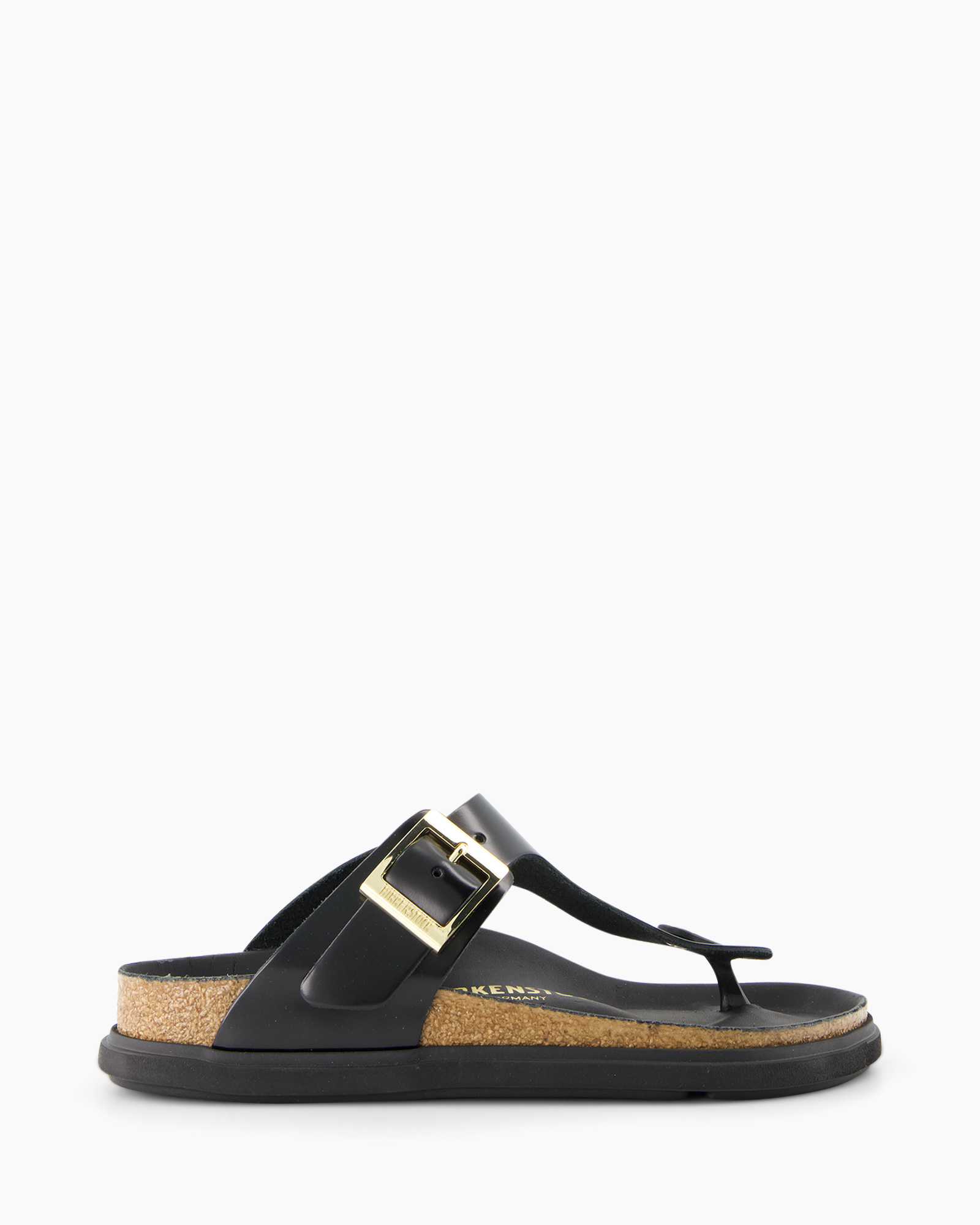 sandalen, zwart, thong, gesp, korkzool