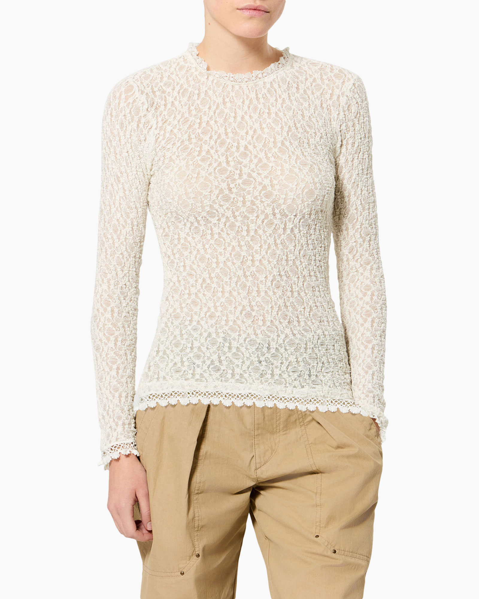 top dentelle, manches longues, col haut, couleur crème, semi-transparent
