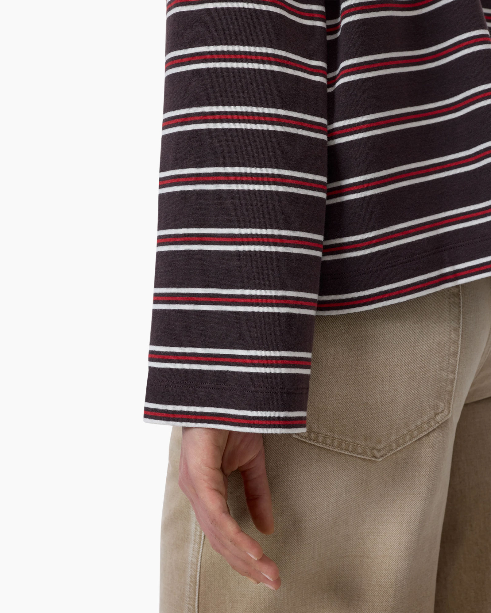 gestreepte trui, lange mouwen, gebreid, donkerblauw, rood-witte strepen