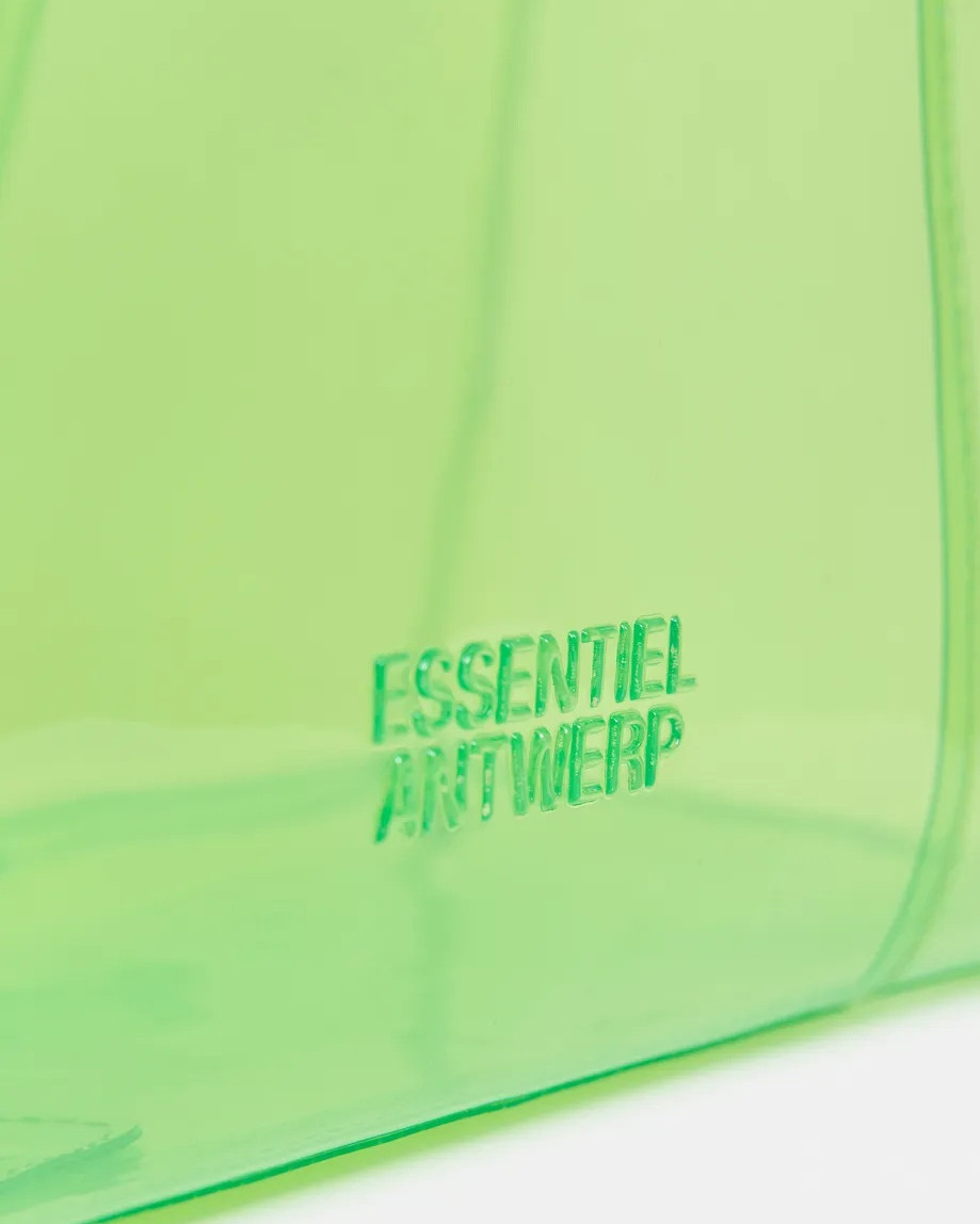 neon, groen, tekst op tas, plastic materiaal, essentiel antiwrp