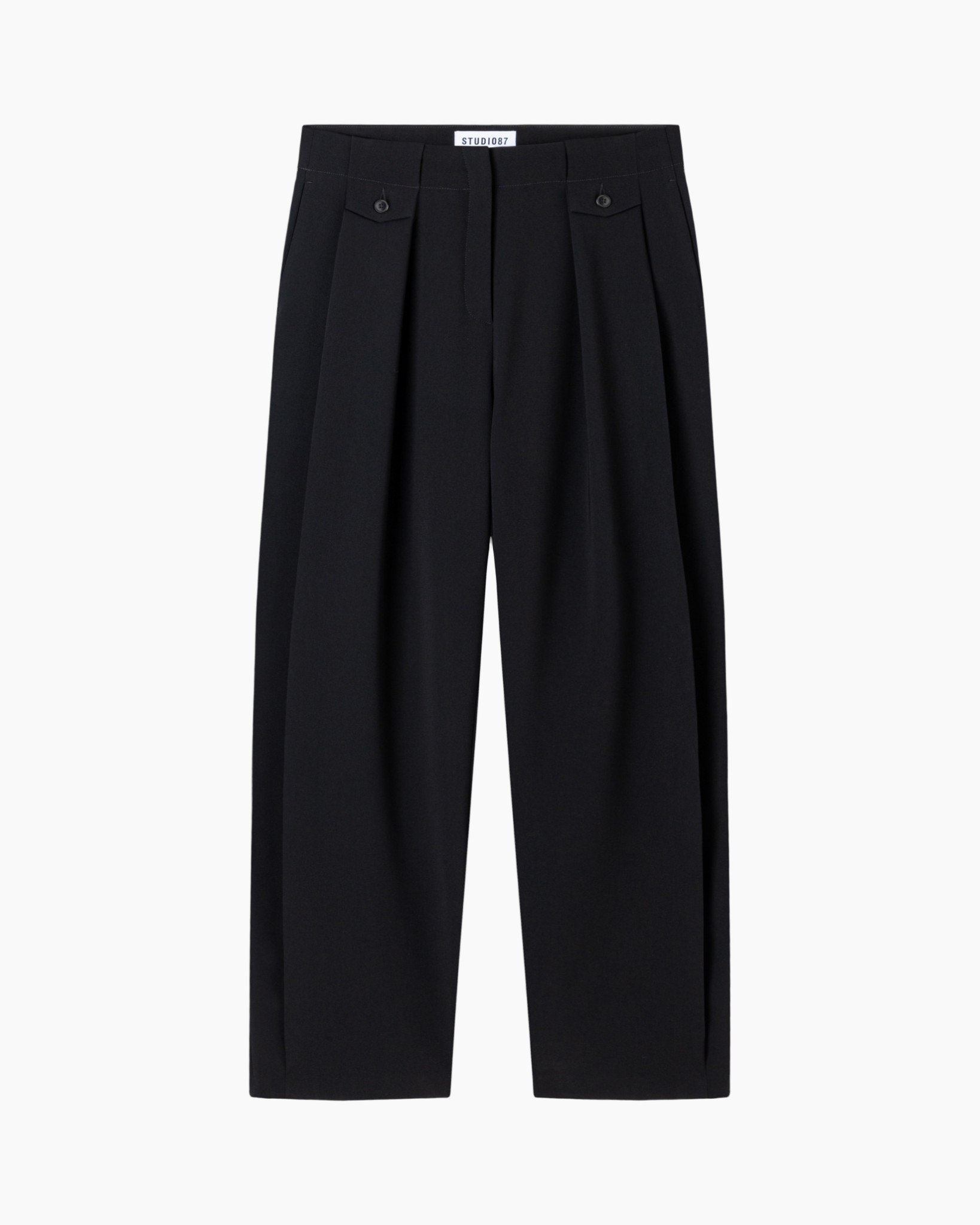 zwarte broek, wijde pijpen, geplooid, knoopzakken