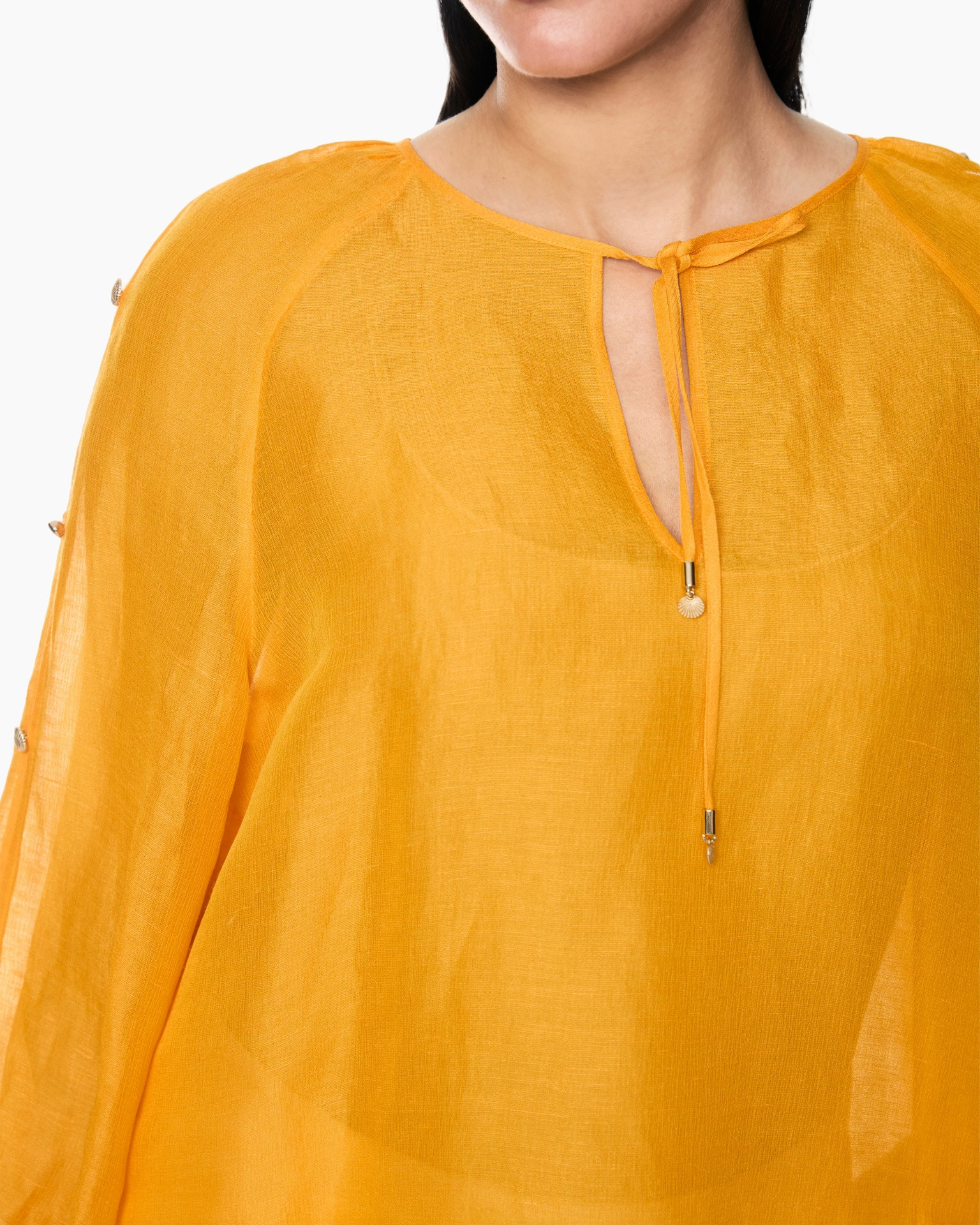 blouse, oranje, linnen, lange mouwen, vinkkoord/strikkraag