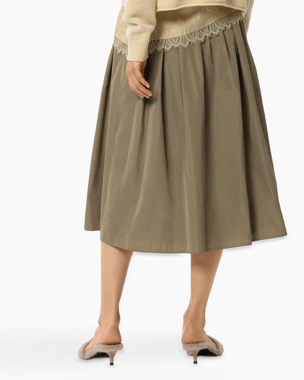 rok, midi rok, plooikraag, kaaki, kantband, rok, midi, katoen mengsel, olijf, plooien