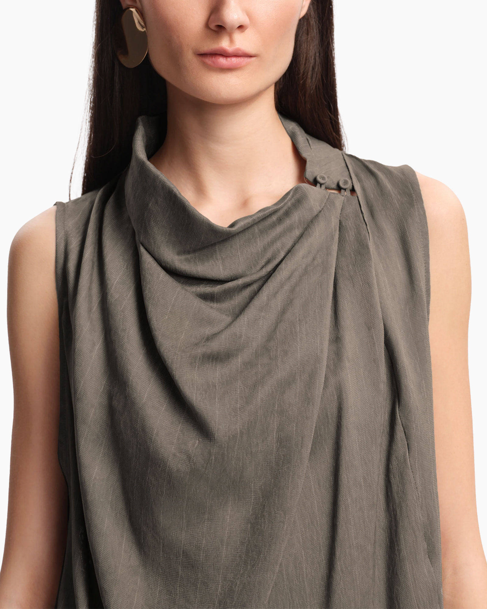 top, draped, sleeveless, gray, linen-like