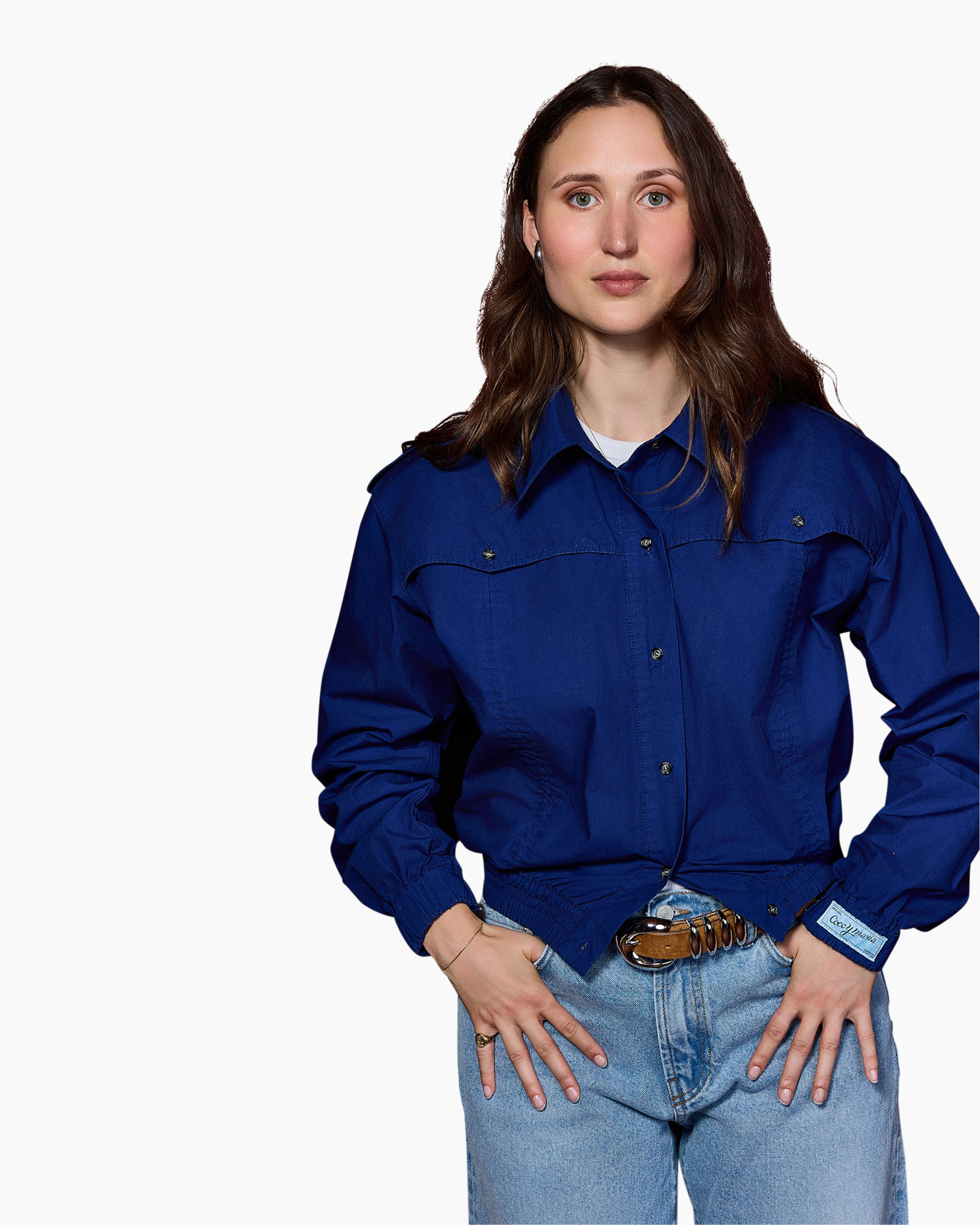 blauwe jasje, denim jas, lange mouwen, kraag, touwriem
