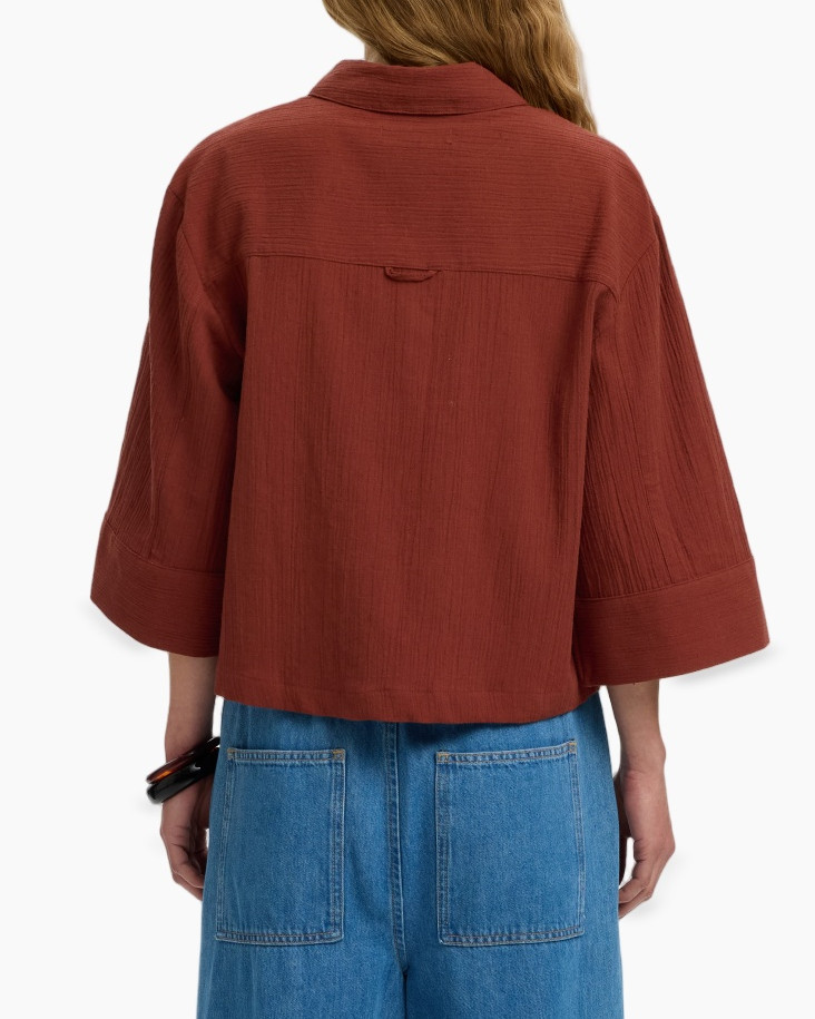 hemd, blouse, lange mouwen, roodbruin, kraag