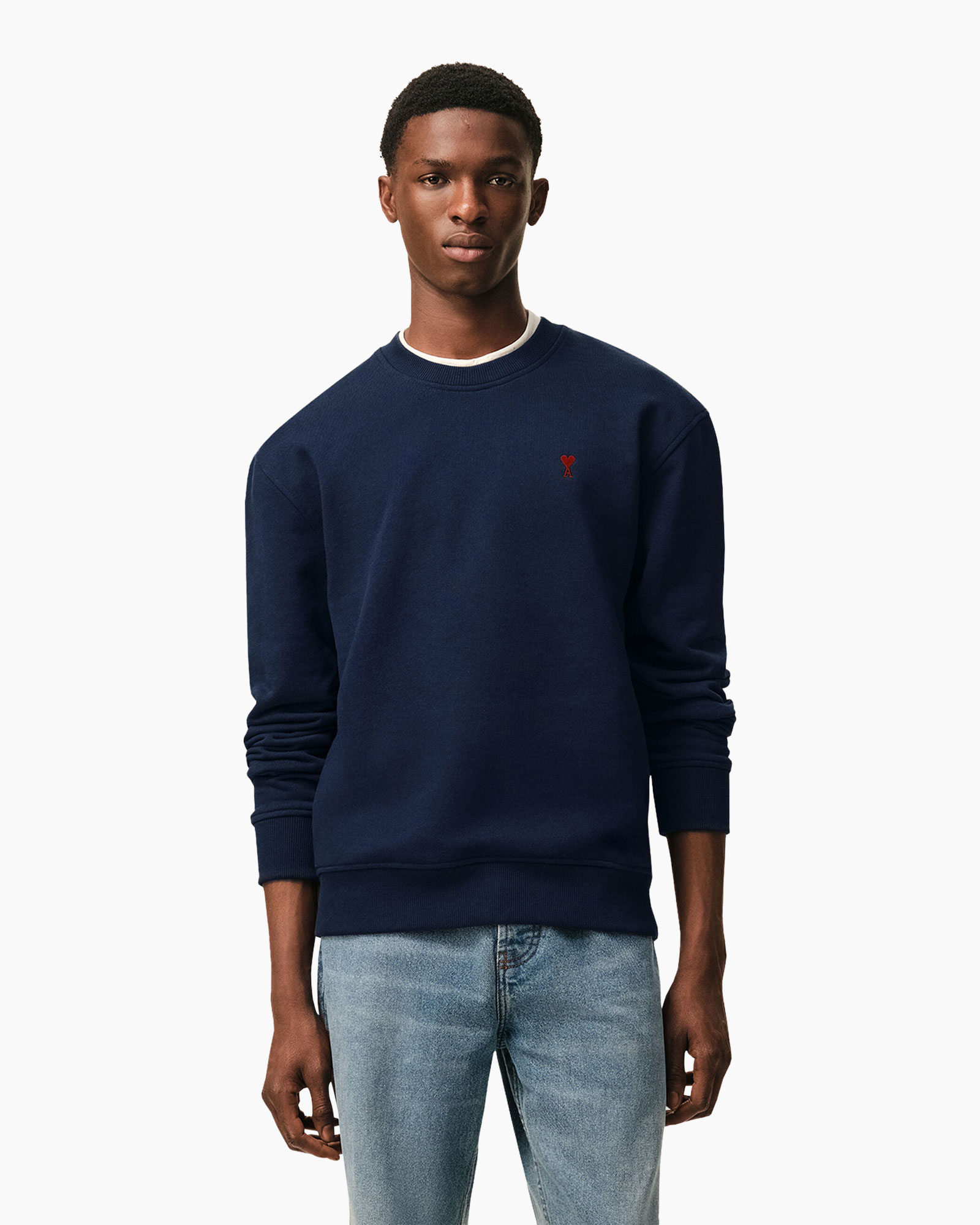 kraagtoon, trui, marineblauw, lange mouwen, eenvoudig