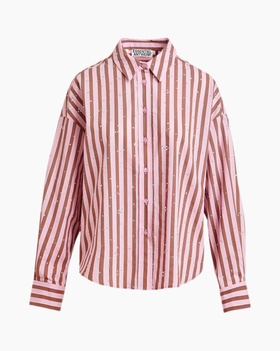 gestreepte blouse, roze shirt, lange mouwen, knopen voor, kraag-shirt