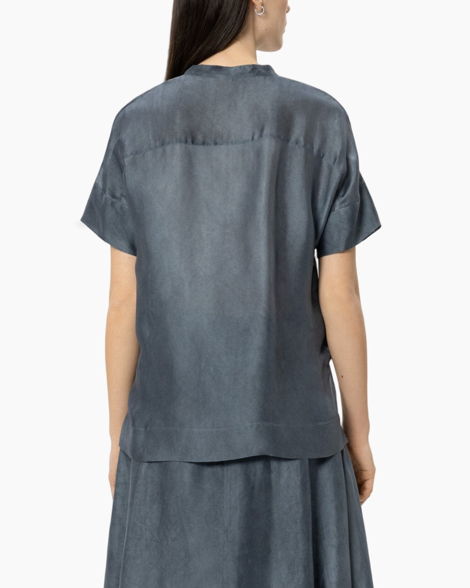 top, korte mouw, linnen, slub, blauw-grijs