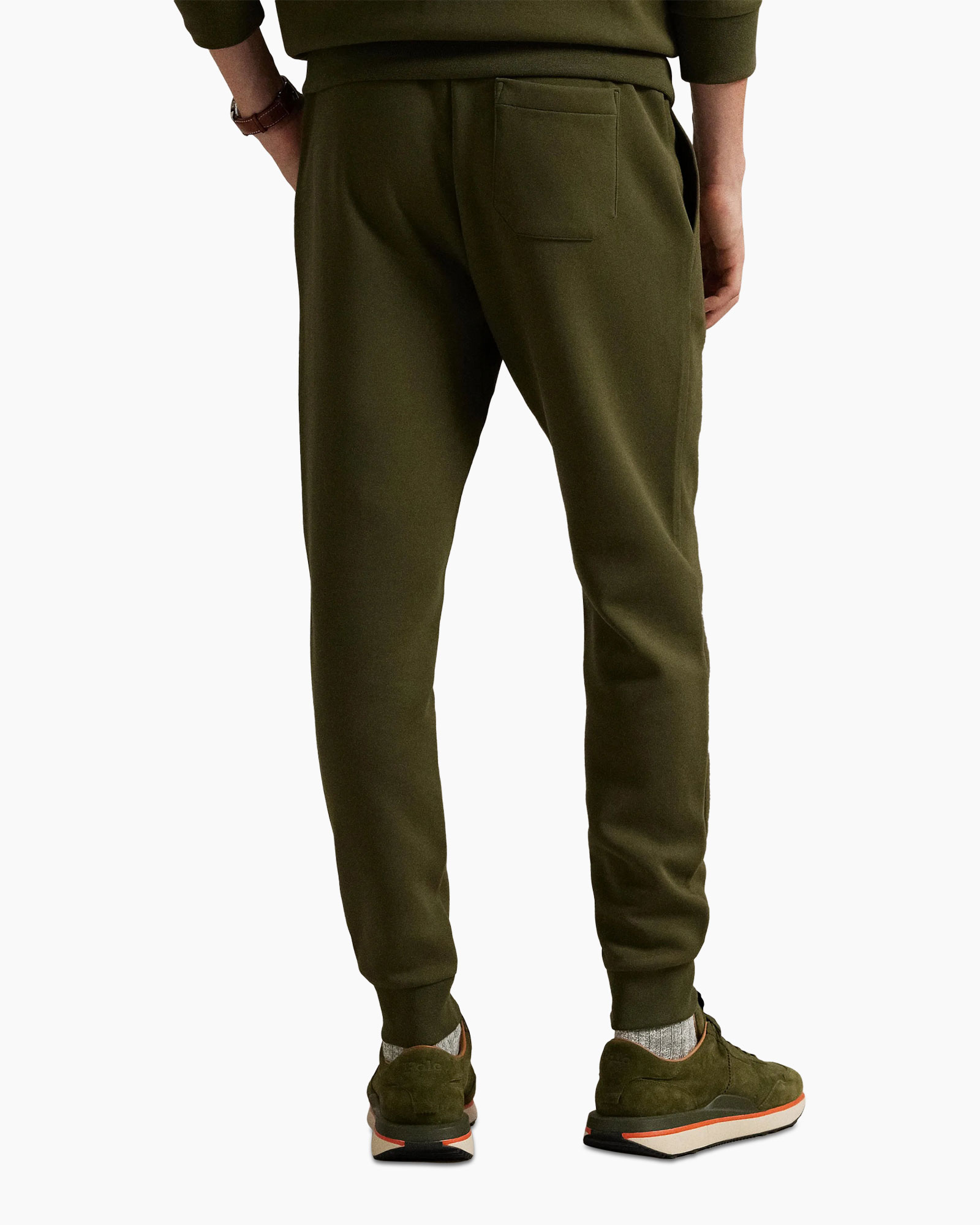 broek, olijfkleur, joggers, achterkant, zak