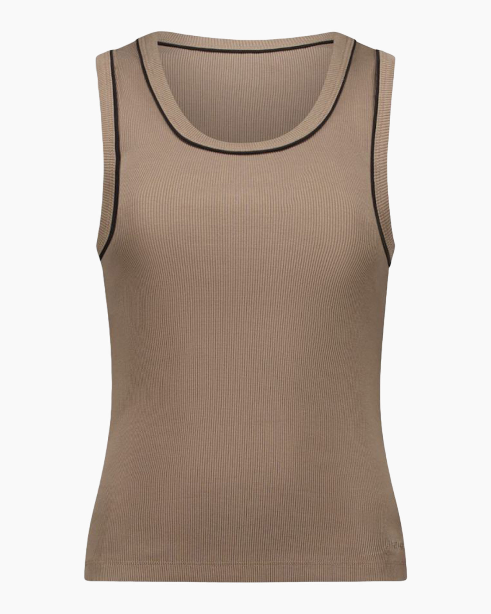 tanktop, ribbedknit, beige, mouwloos, getrimdehalslijn