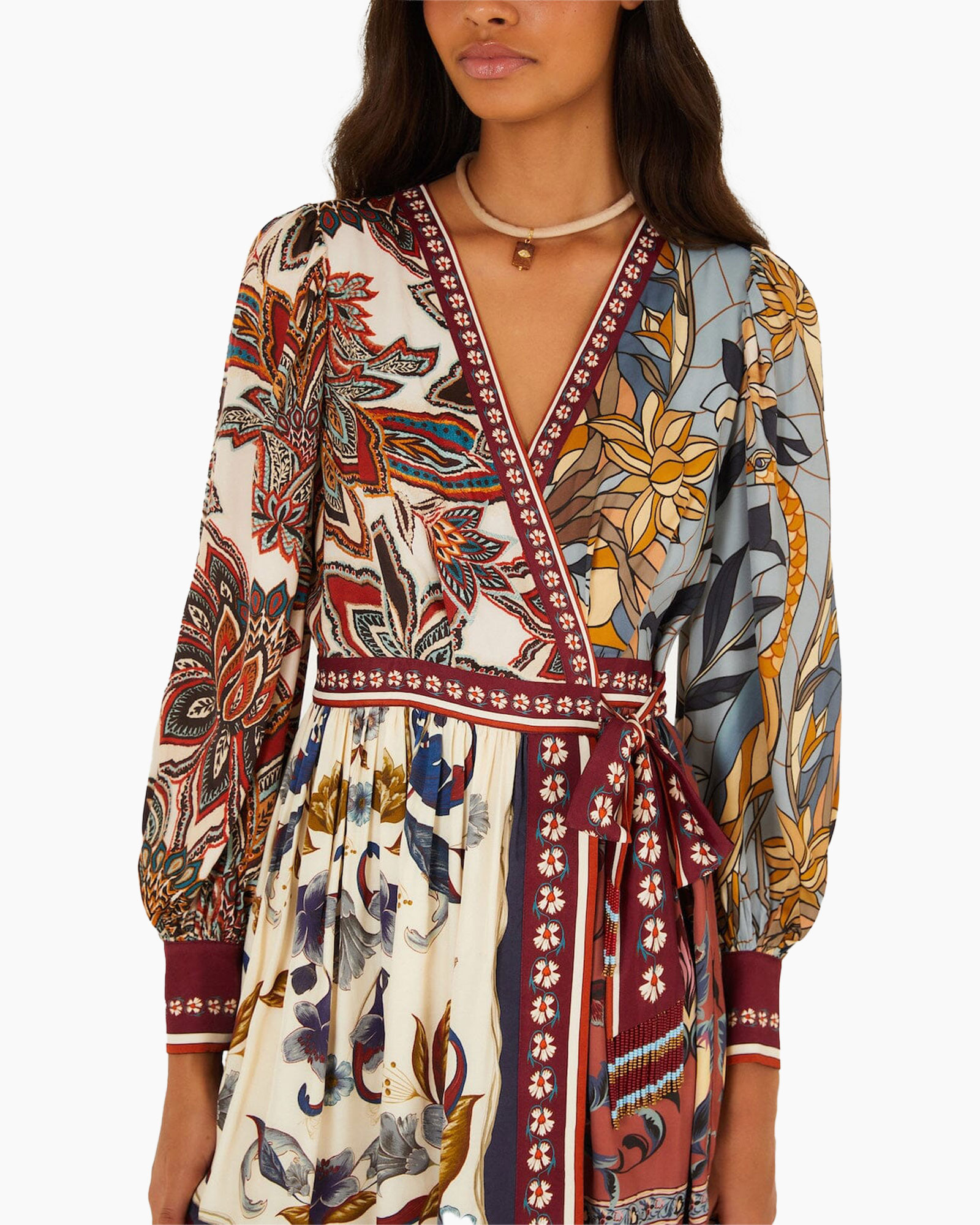 wikkel jurk, bloemen print, lange mouwen, v-hals, bohemien stijl