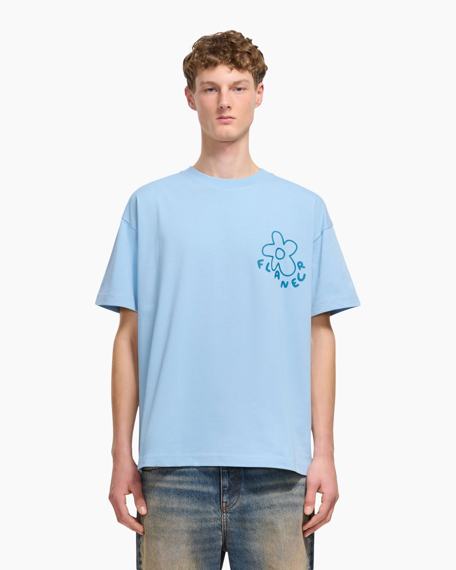 t-shirt, korte mouwen, lichtblauw, grafisch logo, casualkleding