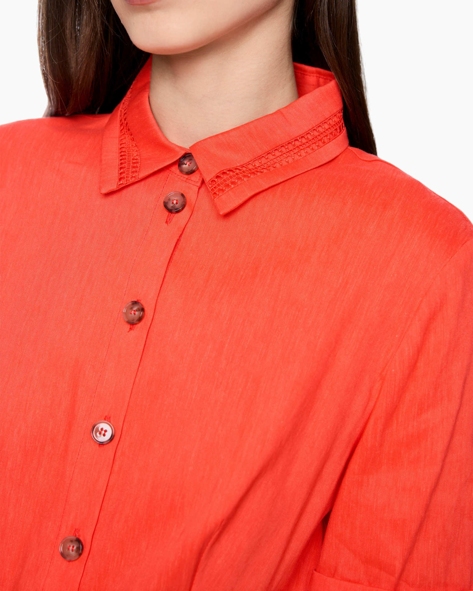 button-down, kraagloze blouse, oranje, linnen, mouw-lang