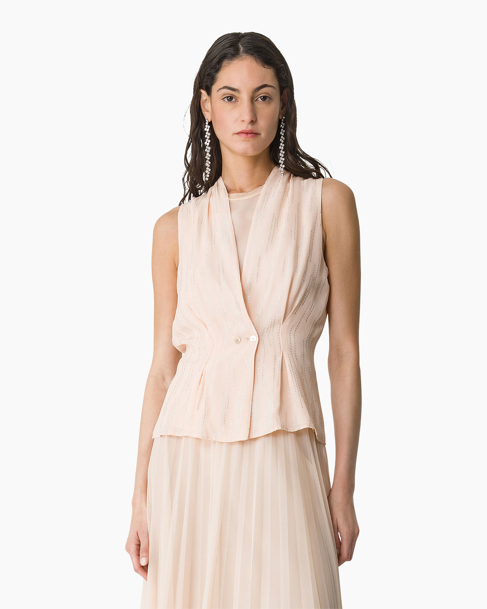 jurk, peplum, vest, parel oorbellen, jasje