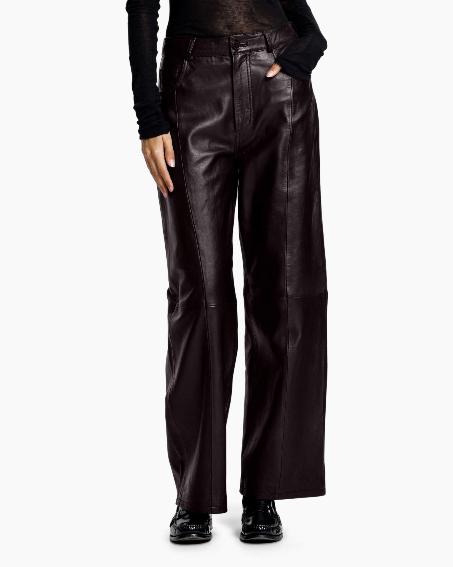 Leren broek, Wijde pijpen, Donkerbruin, Hoge taille, Paneelnaden