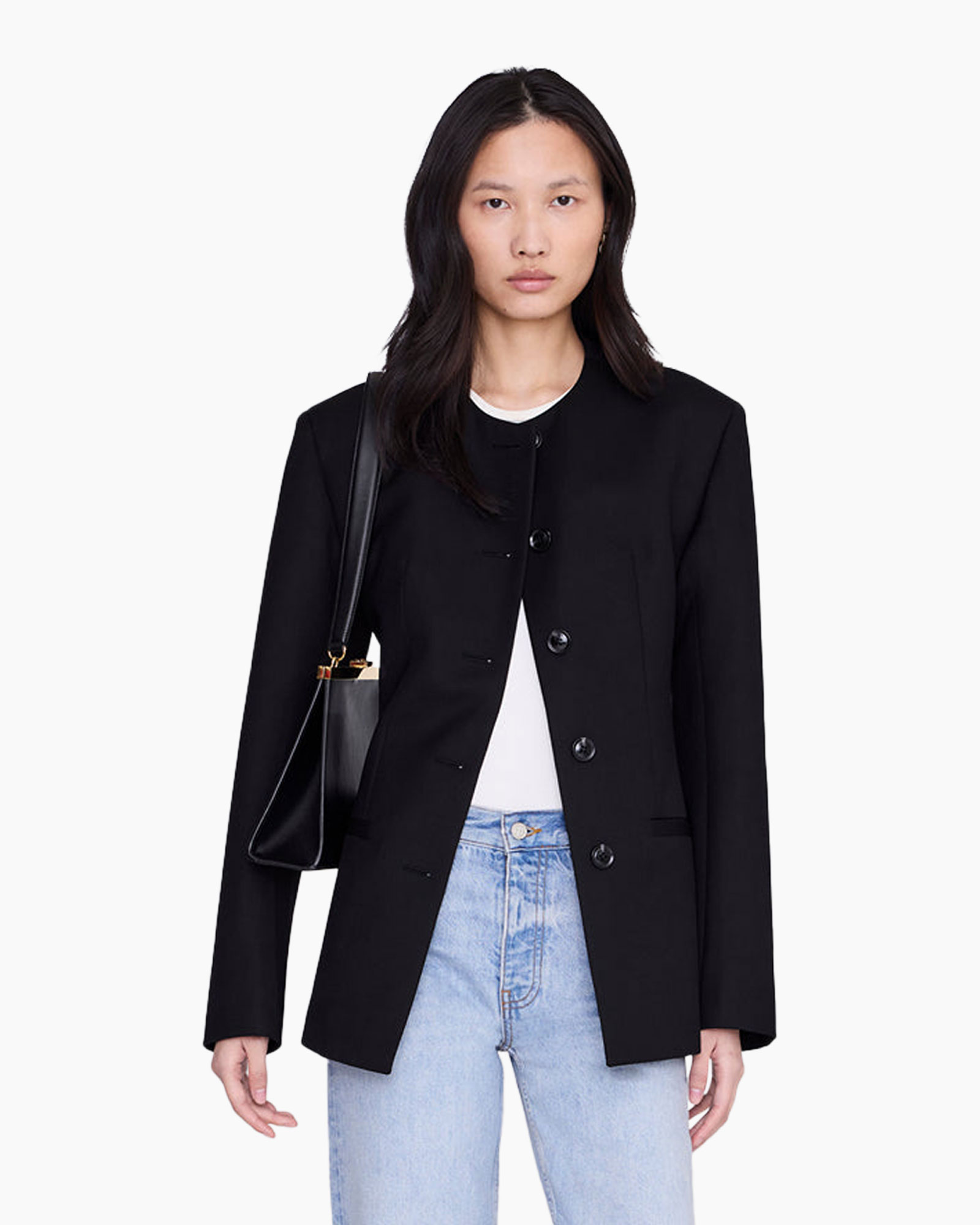 blazer, zwart, gestructureerd, langemouw, open voorkant
