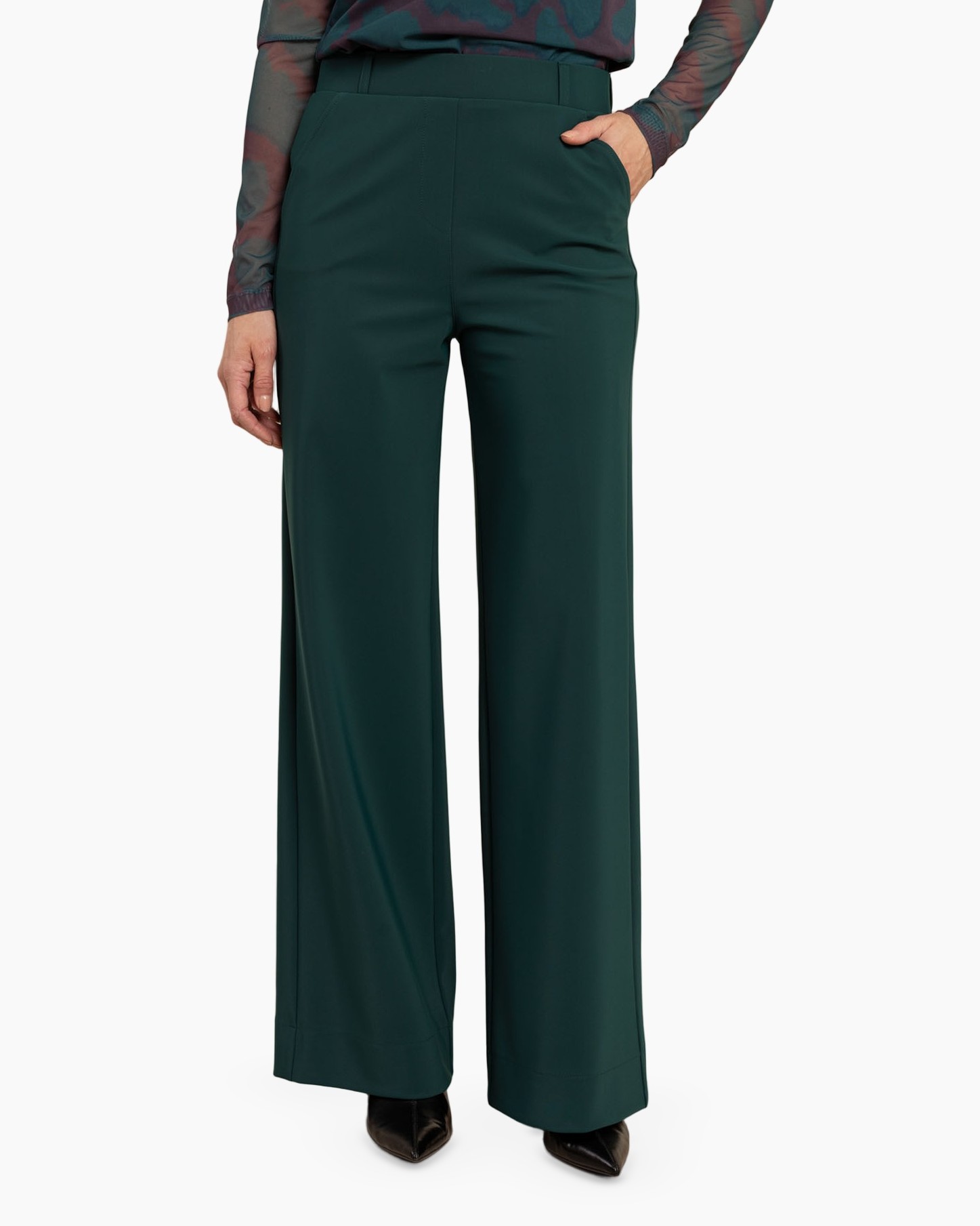 broek met wijde pijpen, donkergroen, hoge taille, pantalon