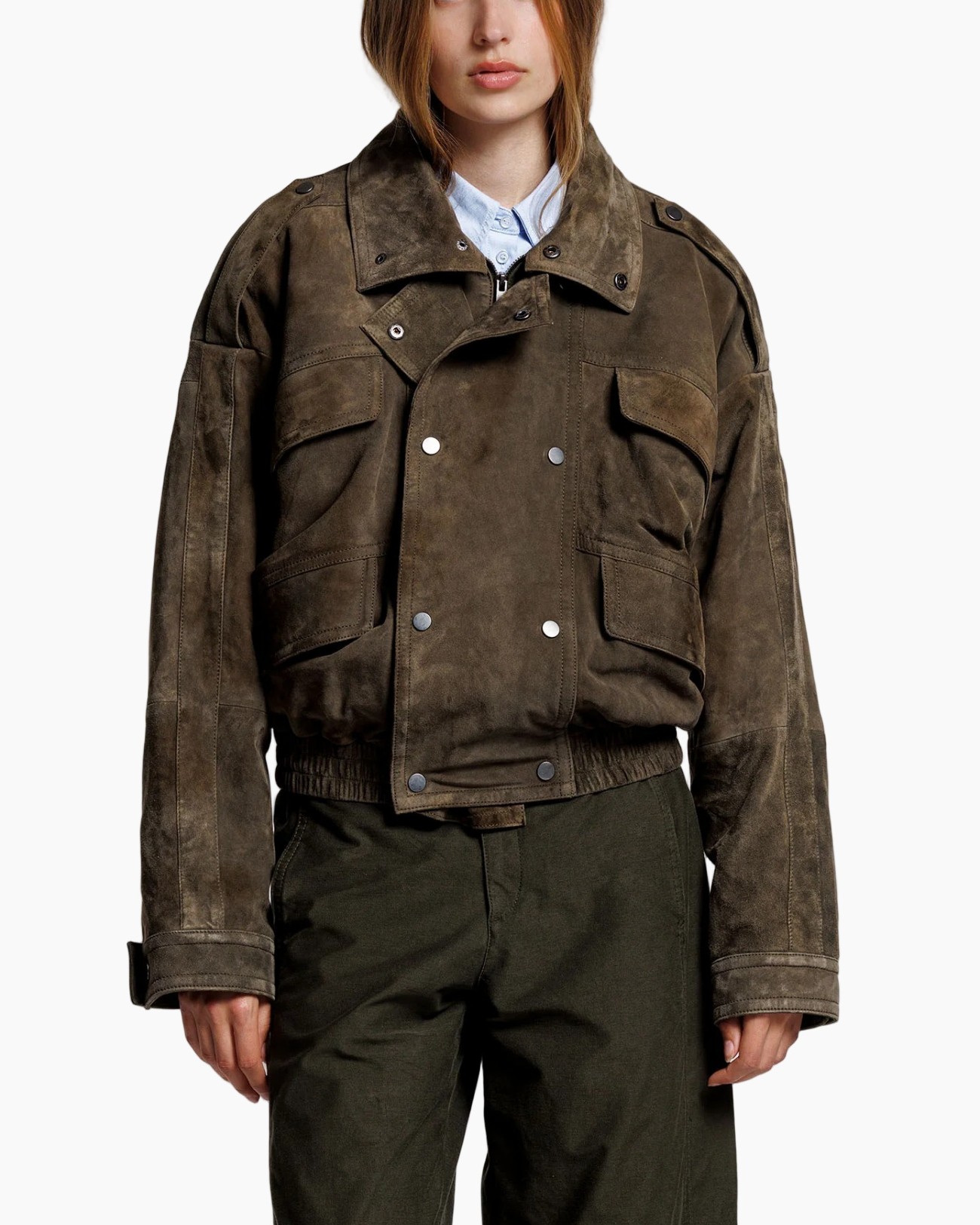 suède jasje, bruin, drukknopen, klepzakken, kort model
