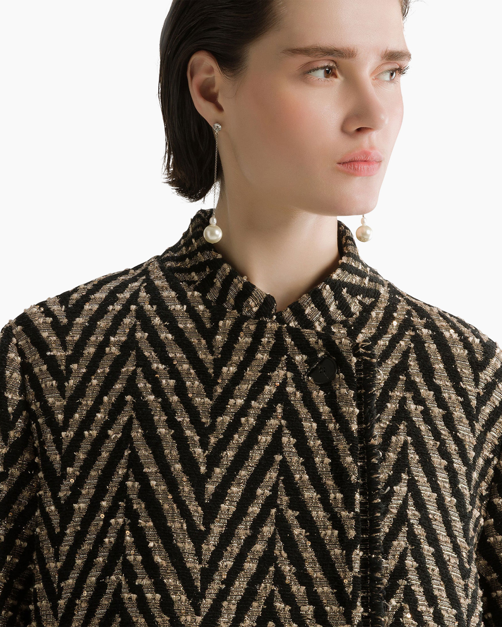 patroon, zigzag, tweed, jas, oorbellen