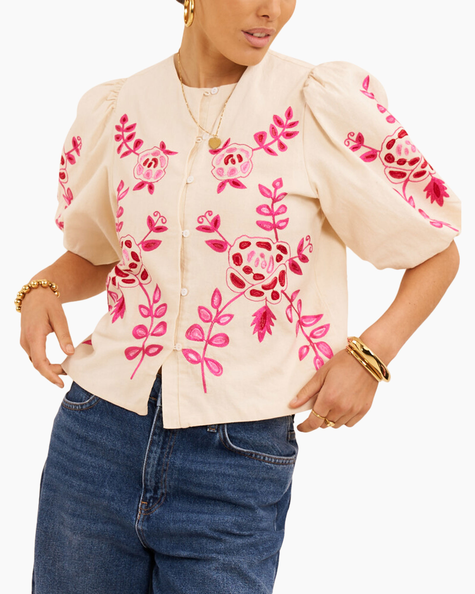 gebloemd, blouse, florale, roze, pofmouw