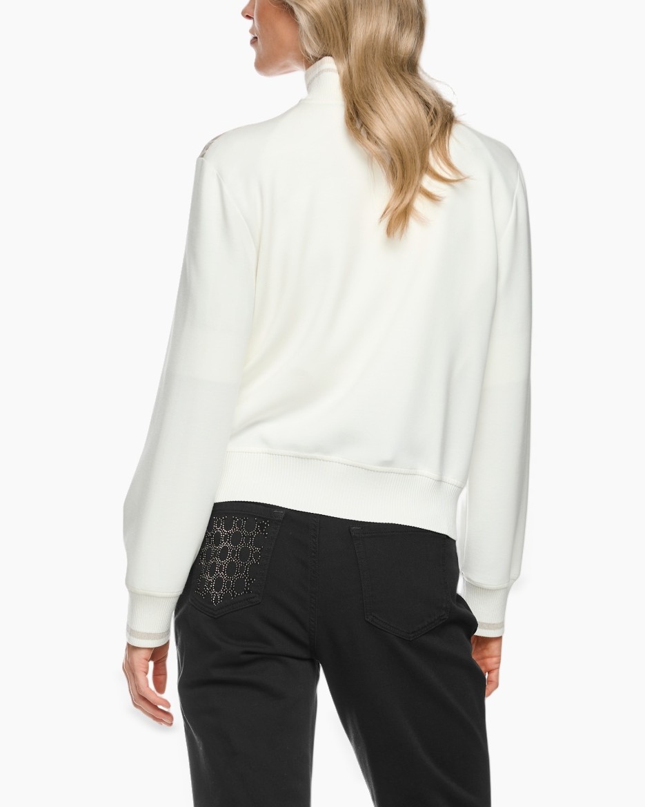 cardigan, patroon kant, crème wit, lange mouwen, zwarte riem