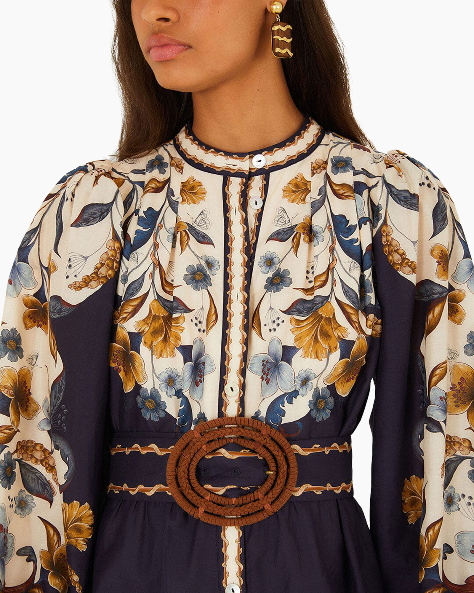 boeket jurk, lange mouwen, smal riem, ronde hals, gebloemd patroon