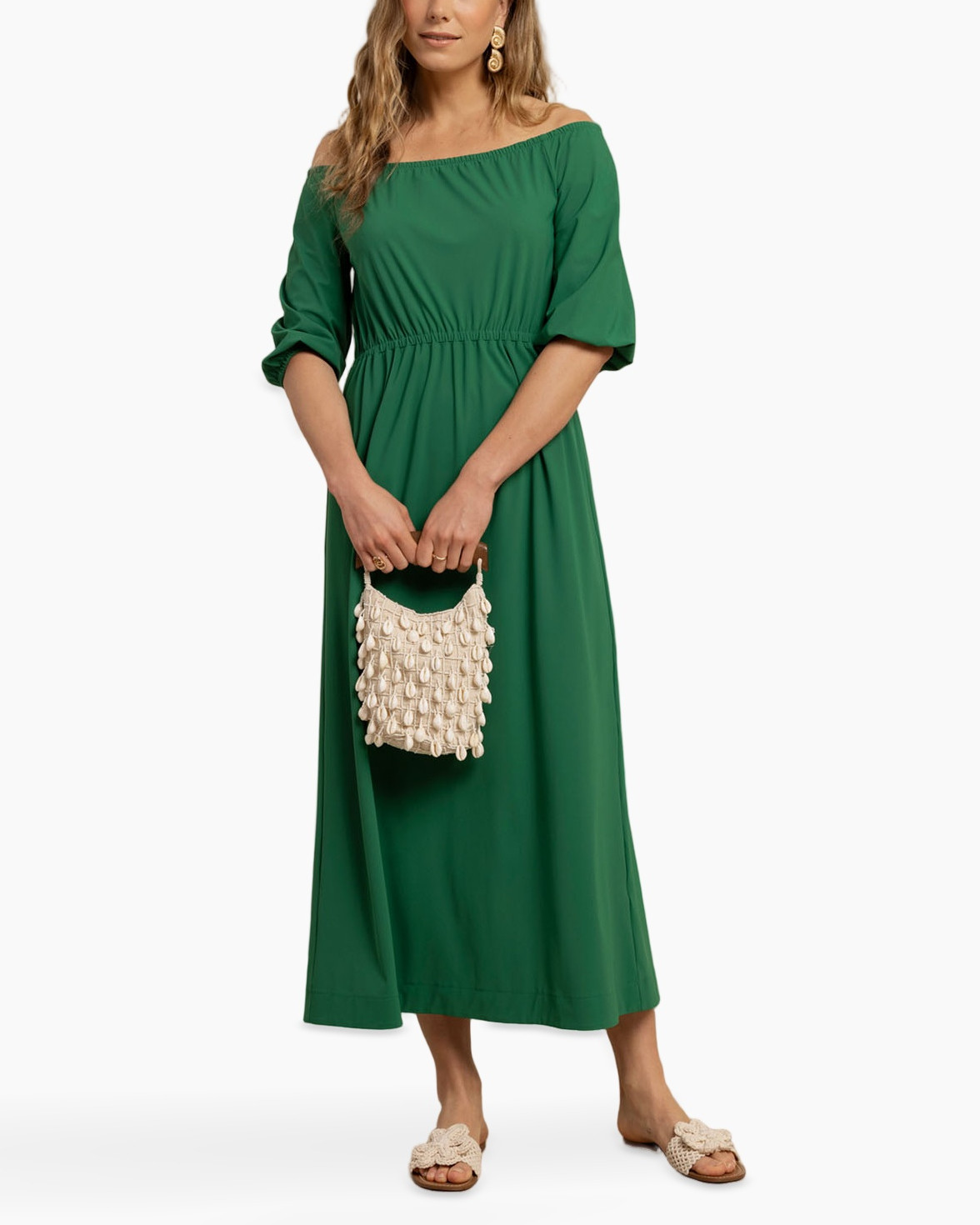 dress, green, off-shoulder, maxi, pockets? no
