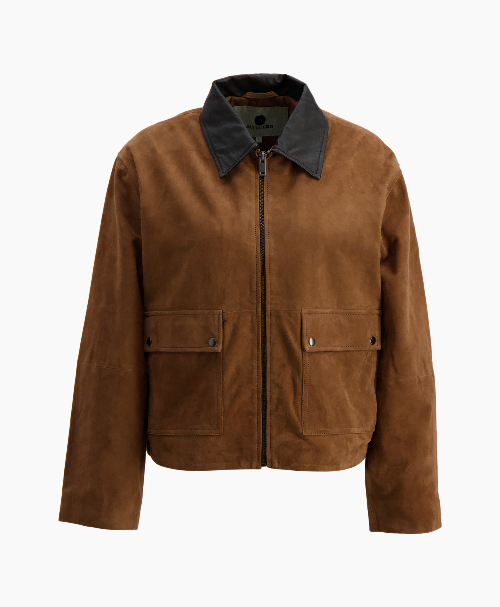 brown suede, bomber jacket, zip front, two pockets, collar