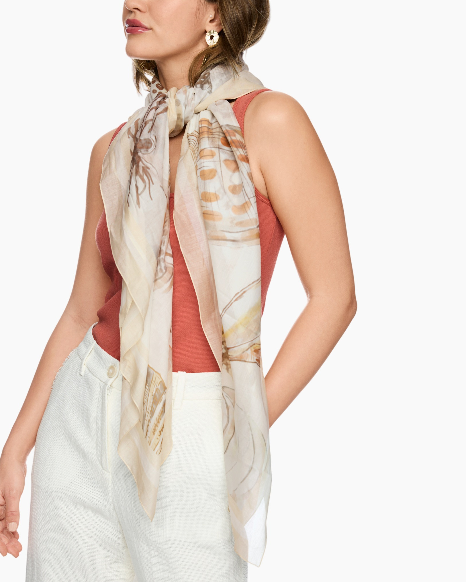 sjaal, polyester, beige patroon, bloemenprint, wrap sjaal