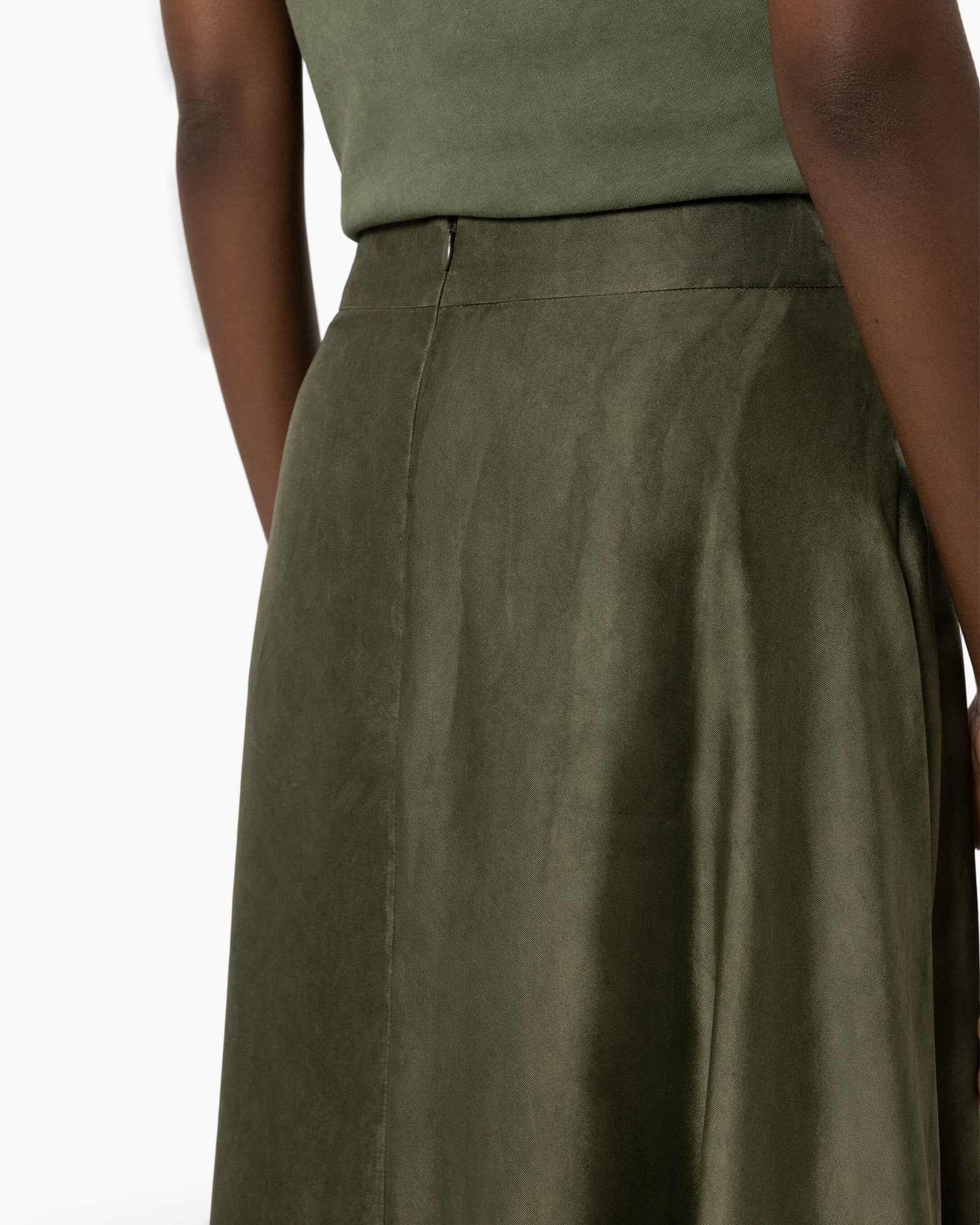 rok, olijf, middellang, hoog taille, eenvoudig