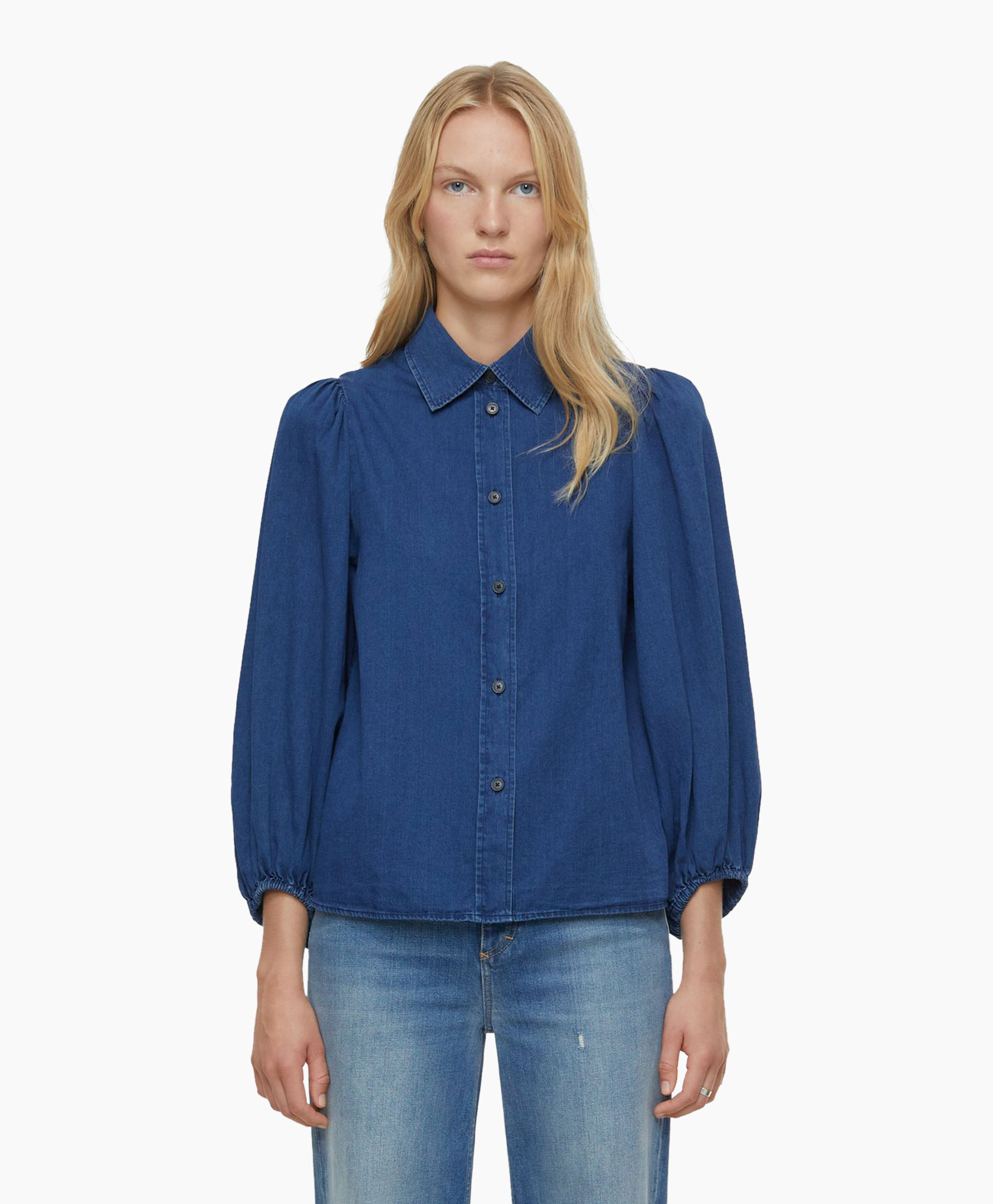 Closed Blouse Voluminous Sleeve Donker Blauw