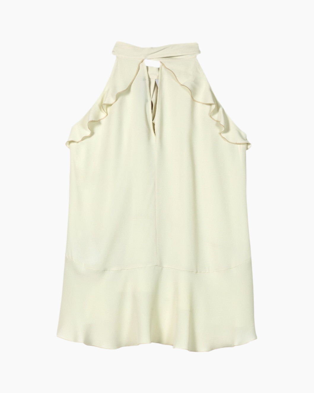 mouwloos, top, kraag, ruches, crème