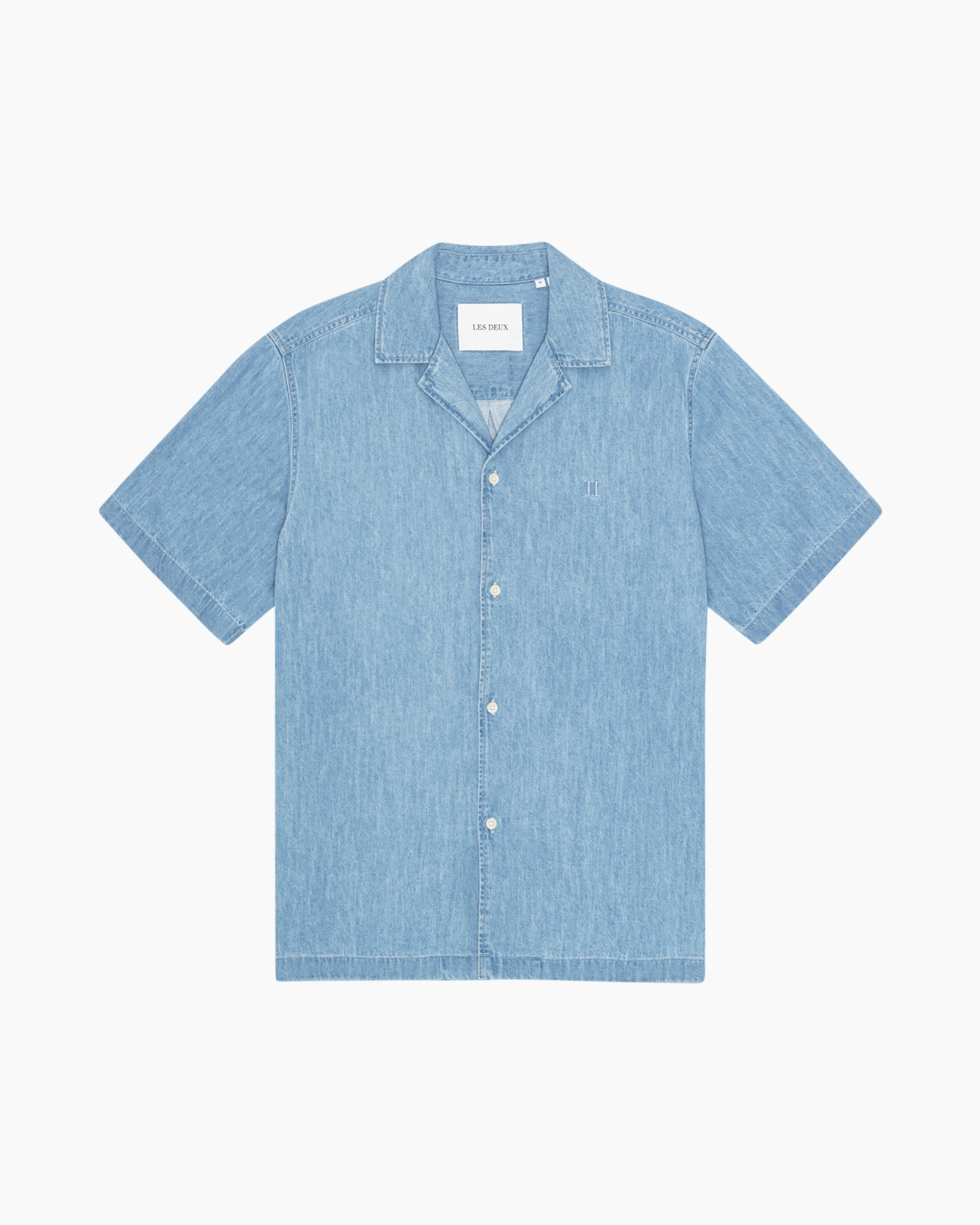 denim, hemd, korte mouwen, lichtblauw, knopen