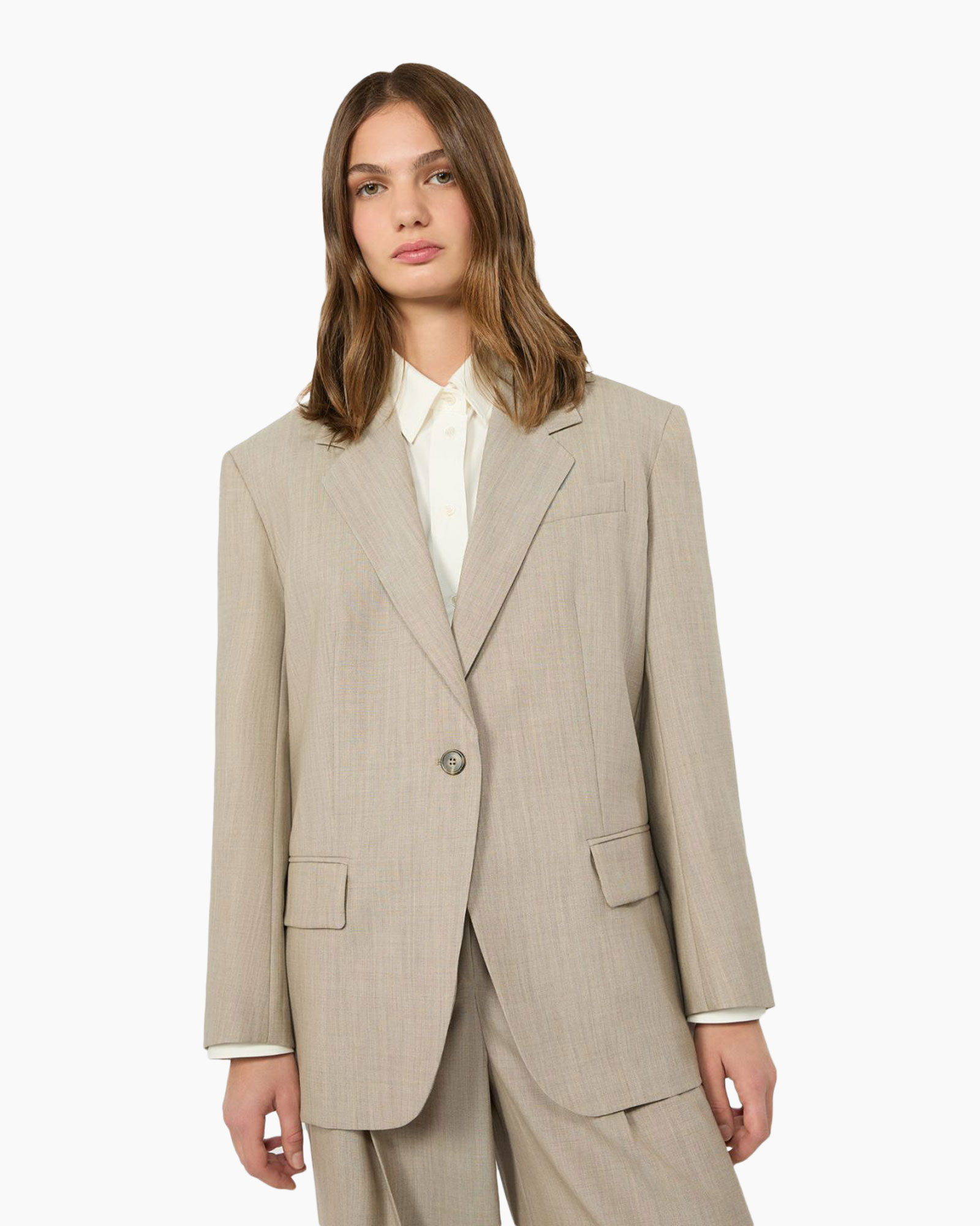 blazer, pak, beige, lange mouw, enkelvoudige knoop