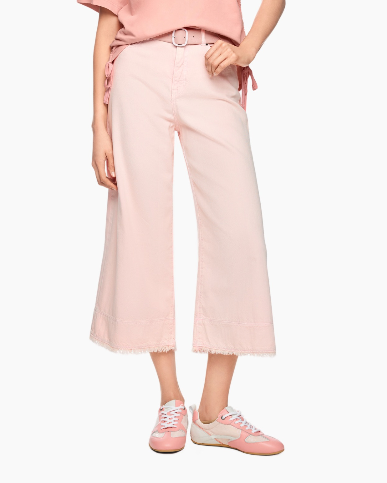 pink, wide-leg, culotte, frayed hem, belted