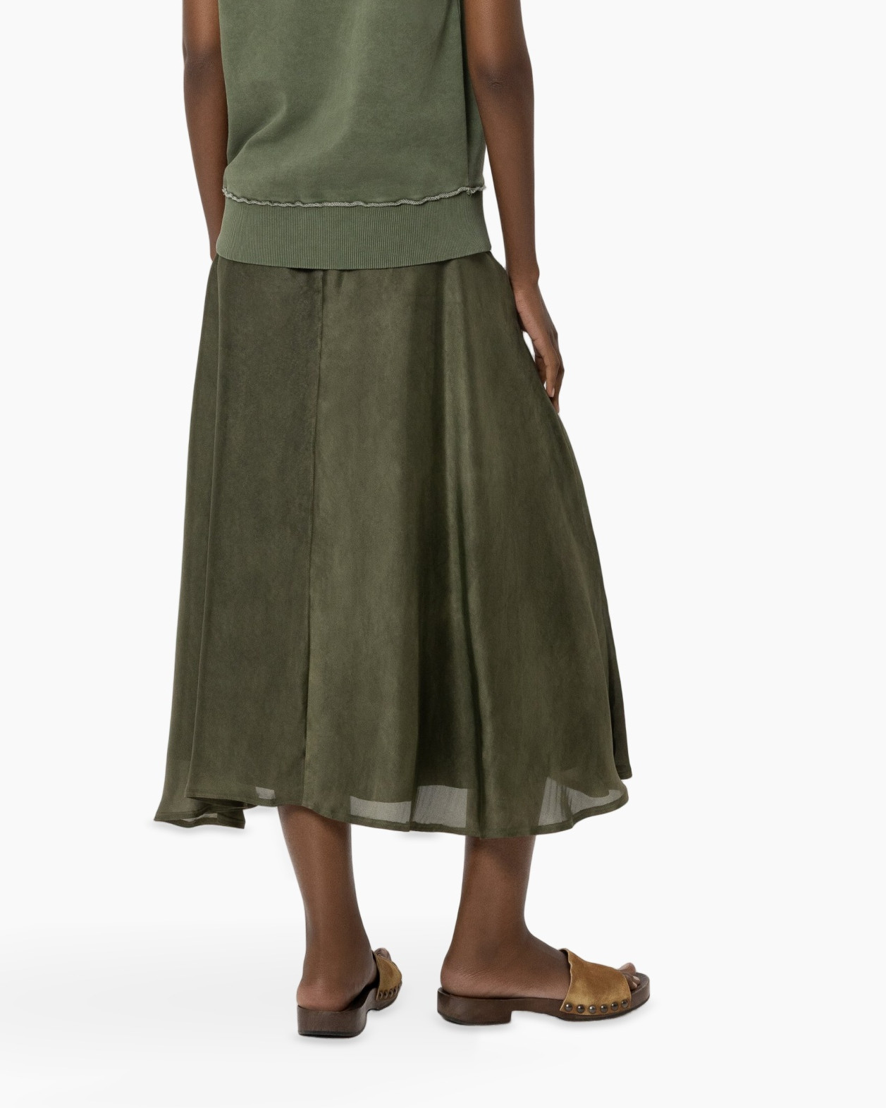 groen, maxi rok, enkellengte, slip-on sandalen, linnenmengsel