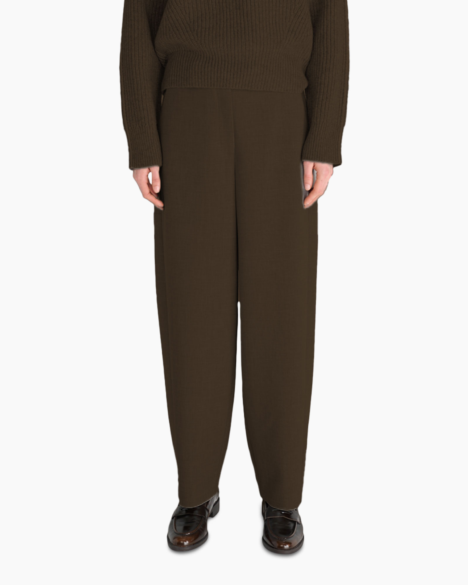 broek, broek, bruin, wijdvallend, enkelleng