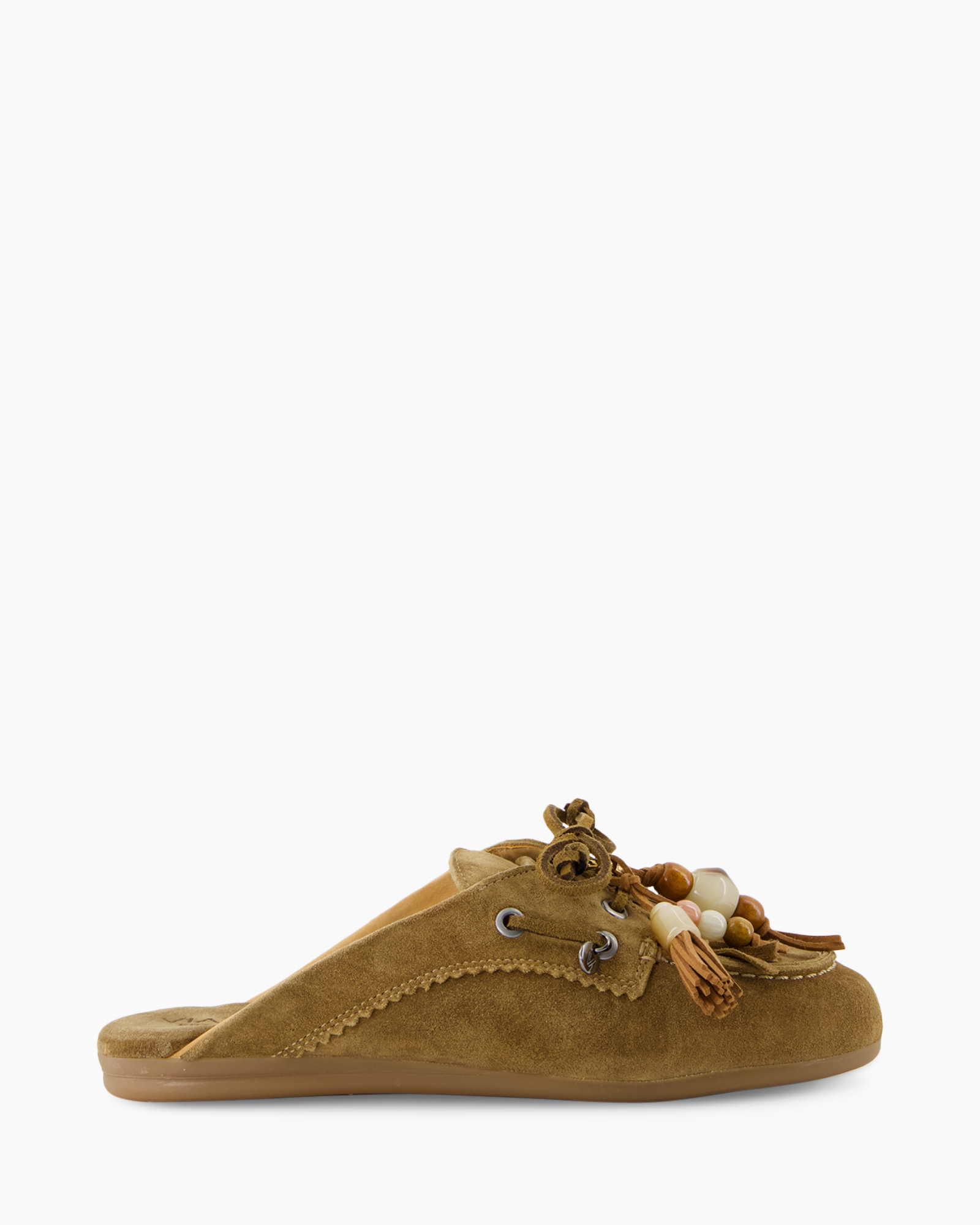 pantoffel, mule, suede, beige, sierkraal-ornament