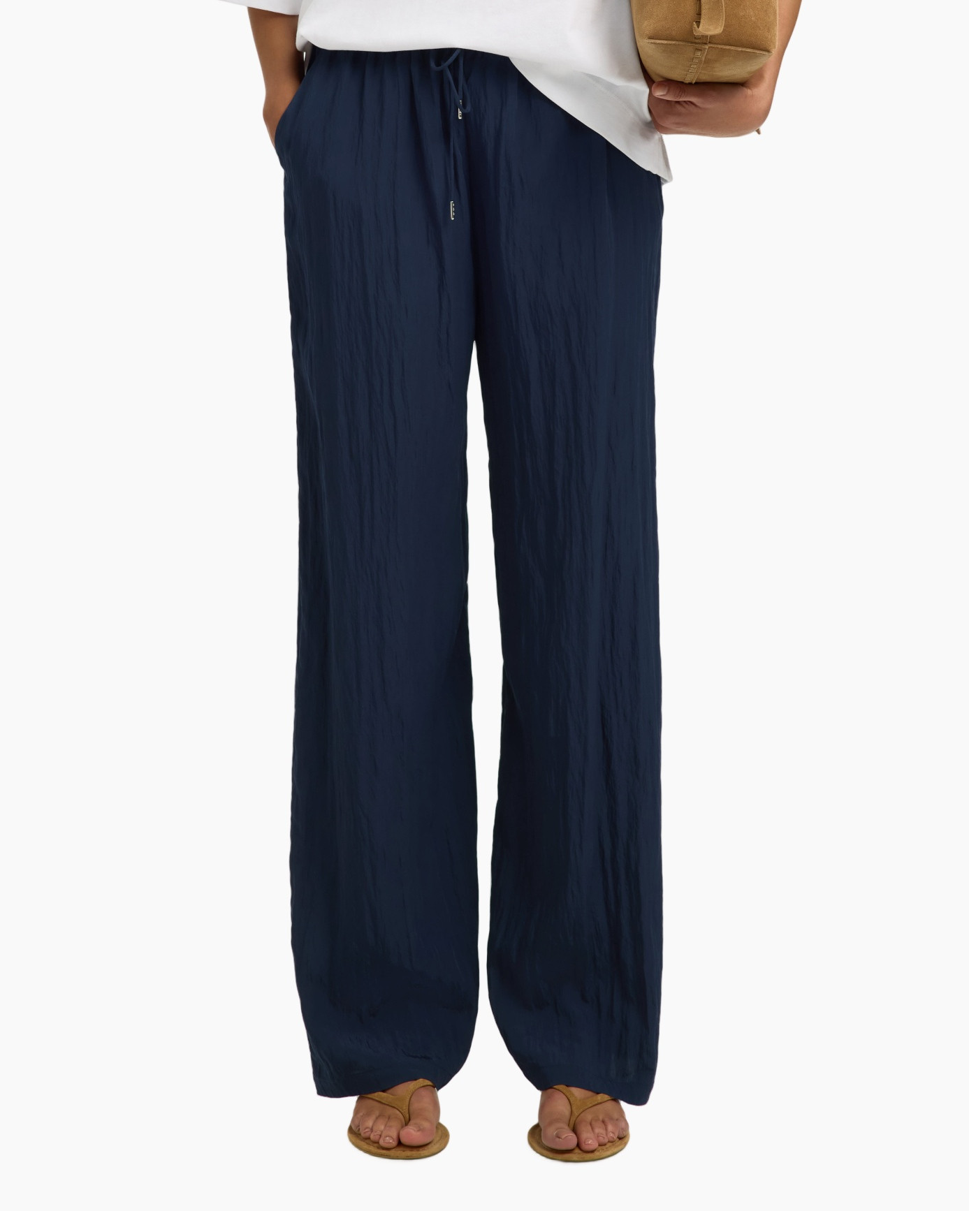pants, wide-leg, navy, drawstring, crinkled