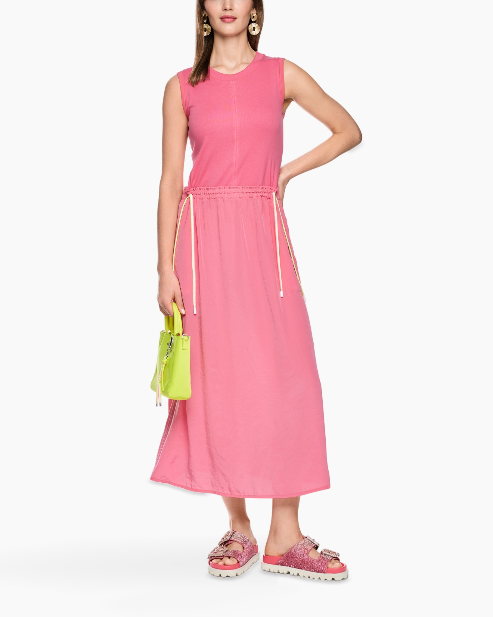 jurk, maxi, roze, mouwloos, trekworstelling