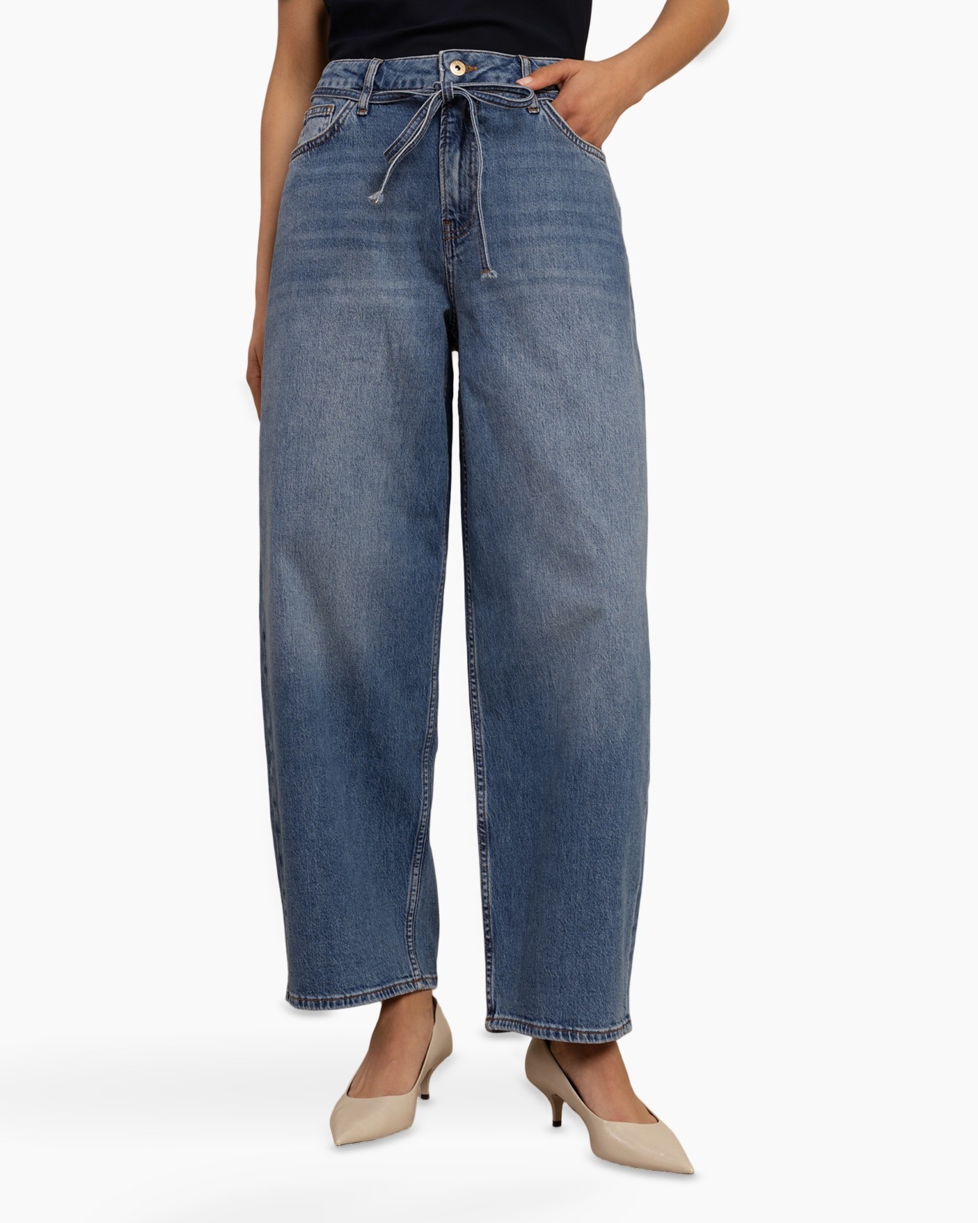 wijdtebroek, denim, jeans, hoge taille, bindceintuur