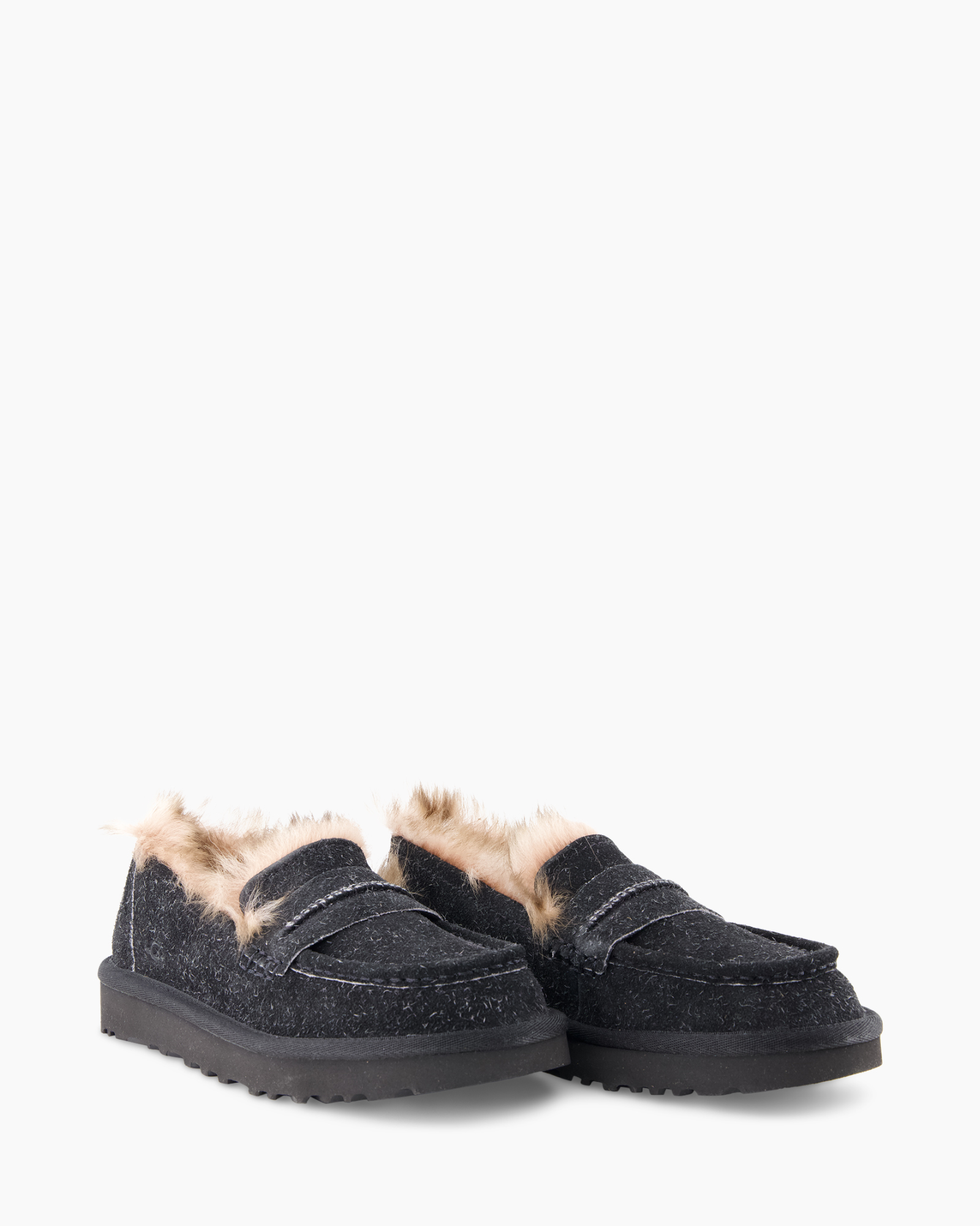 slippers, moccasins, fur-trim, black, slip-on