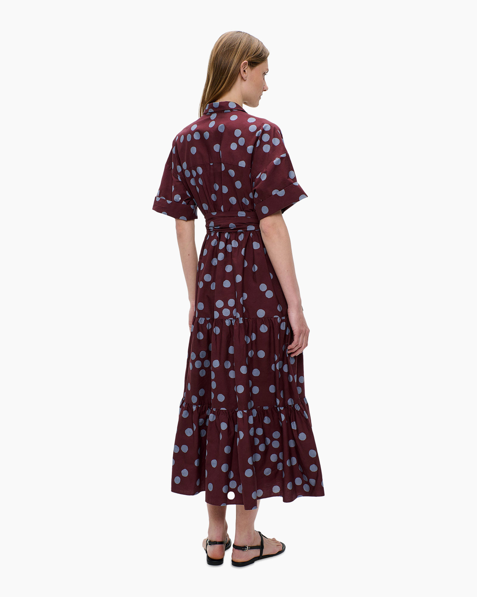 jurk, polkadot, midi lengte, riem, korte mouwen