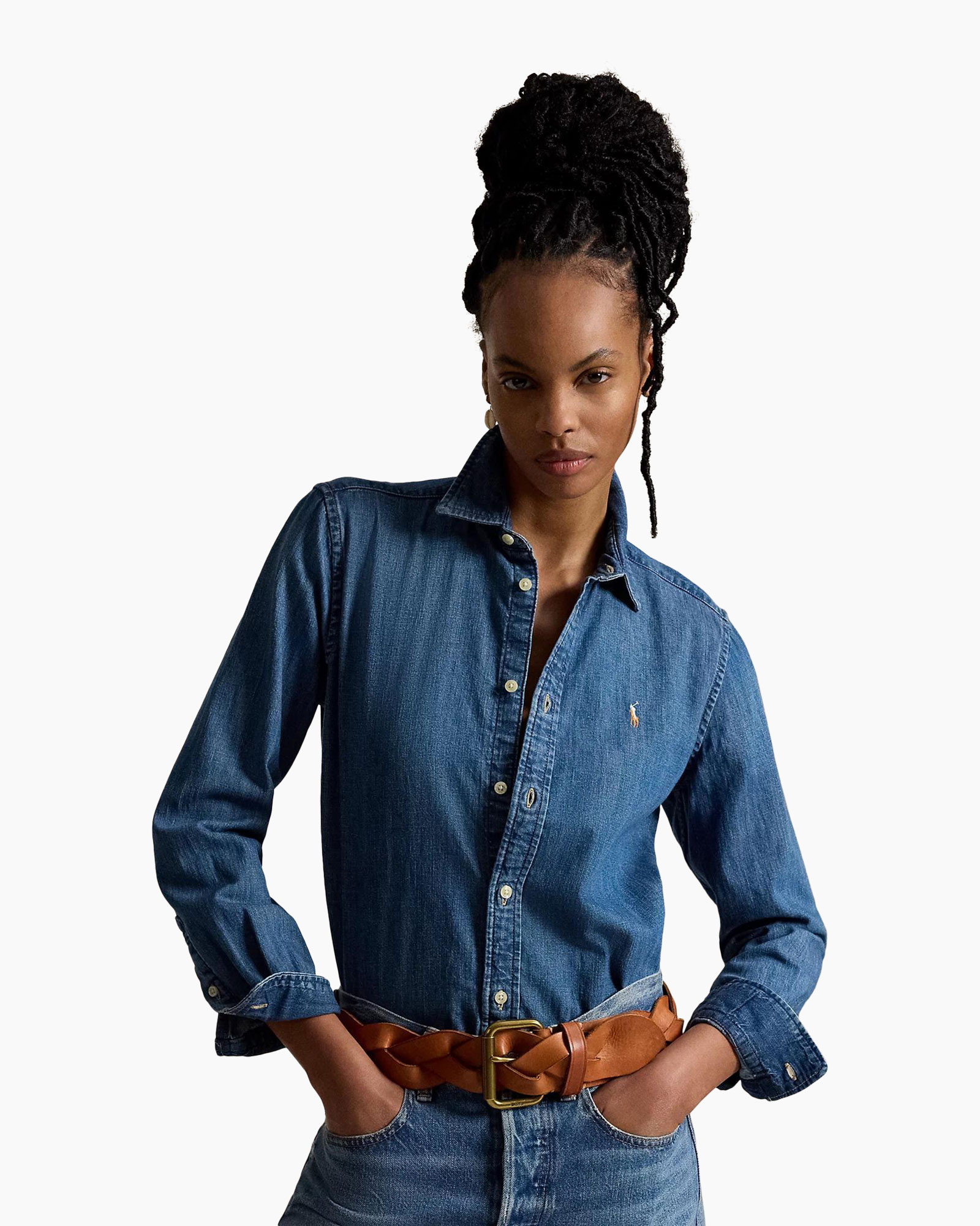 denim blouse, hemd van denim, lange mouwen, knopen voor, bruin riem