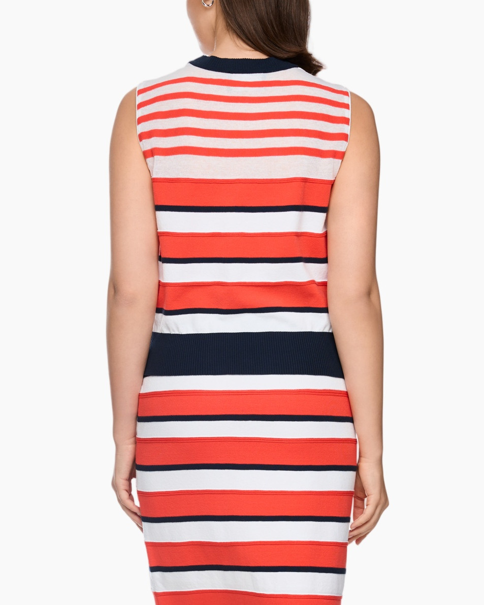 top gestreept, mouwloos, rood-wit-navy, gebreide crop, dikke strepen