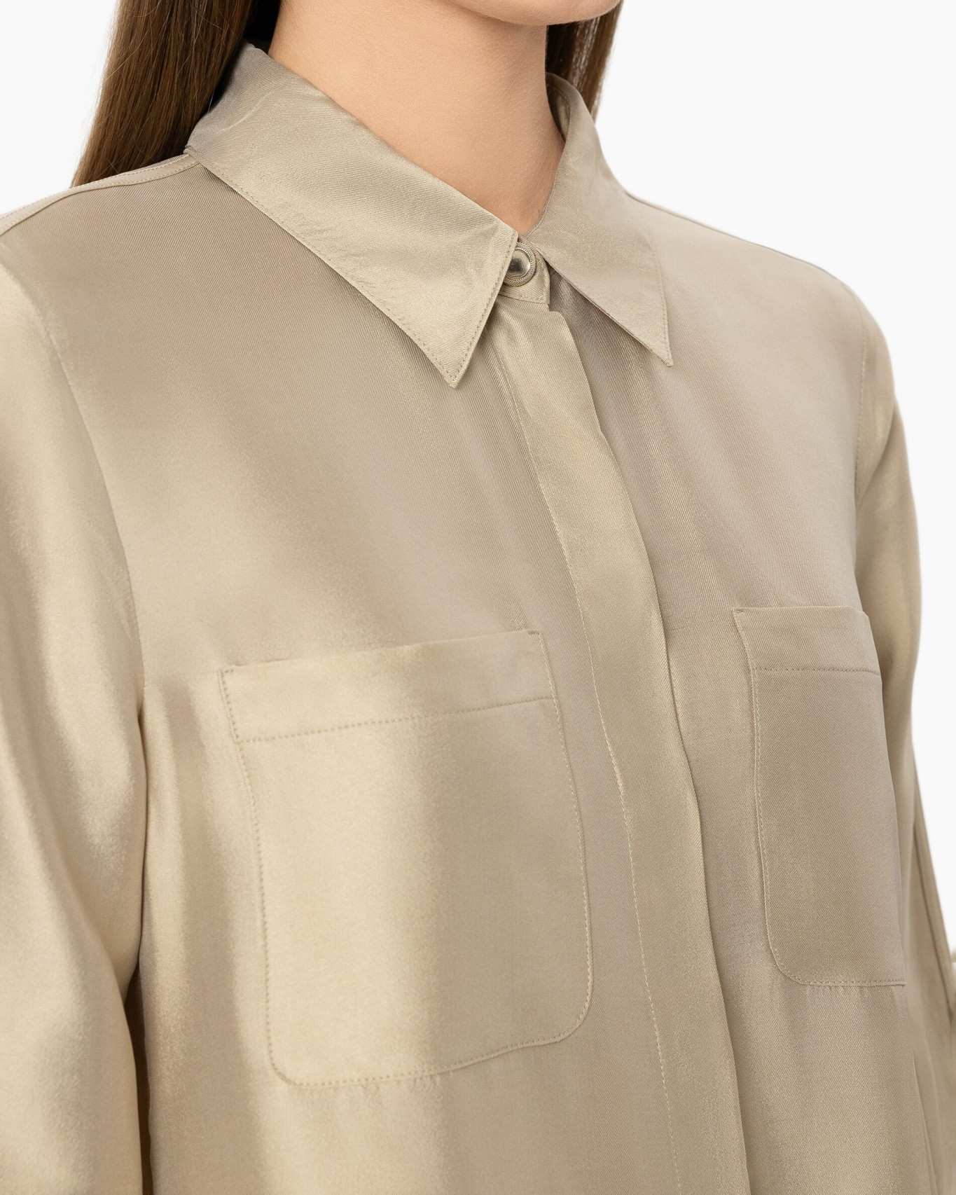 beige shirt, collared shirt, buttoned front, two pockets, long sleeve