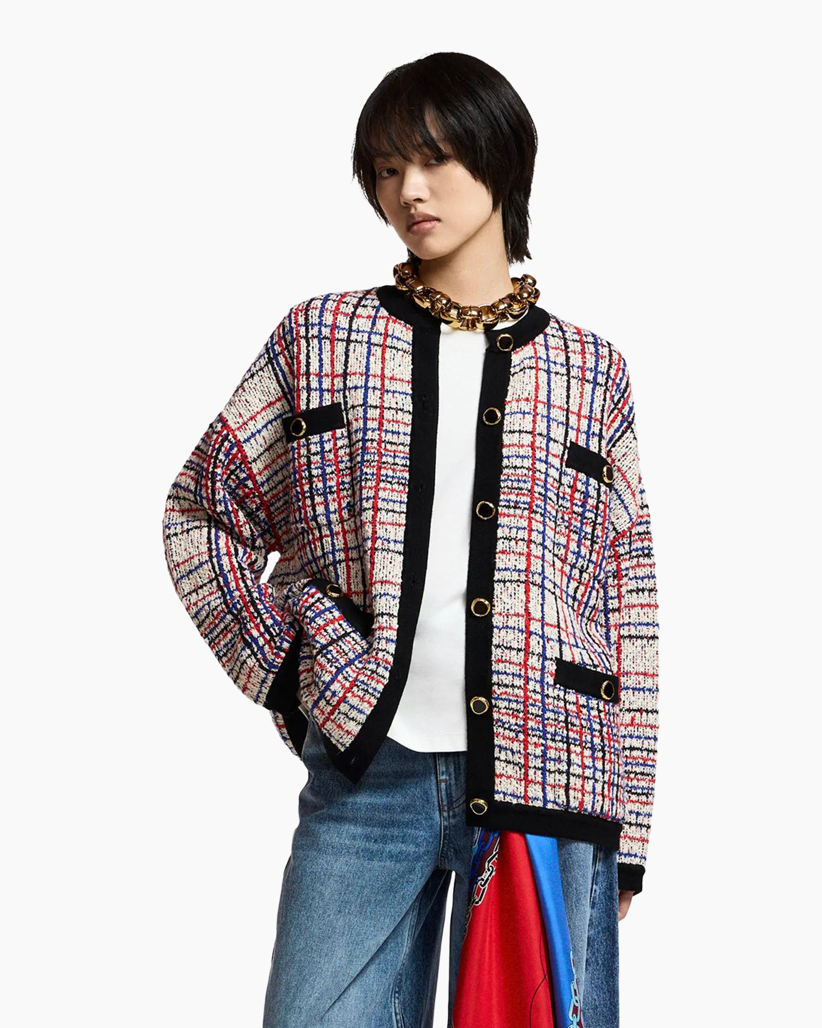 cardigan, tweed, (v) ruit, zwarte rand, gouden knopen